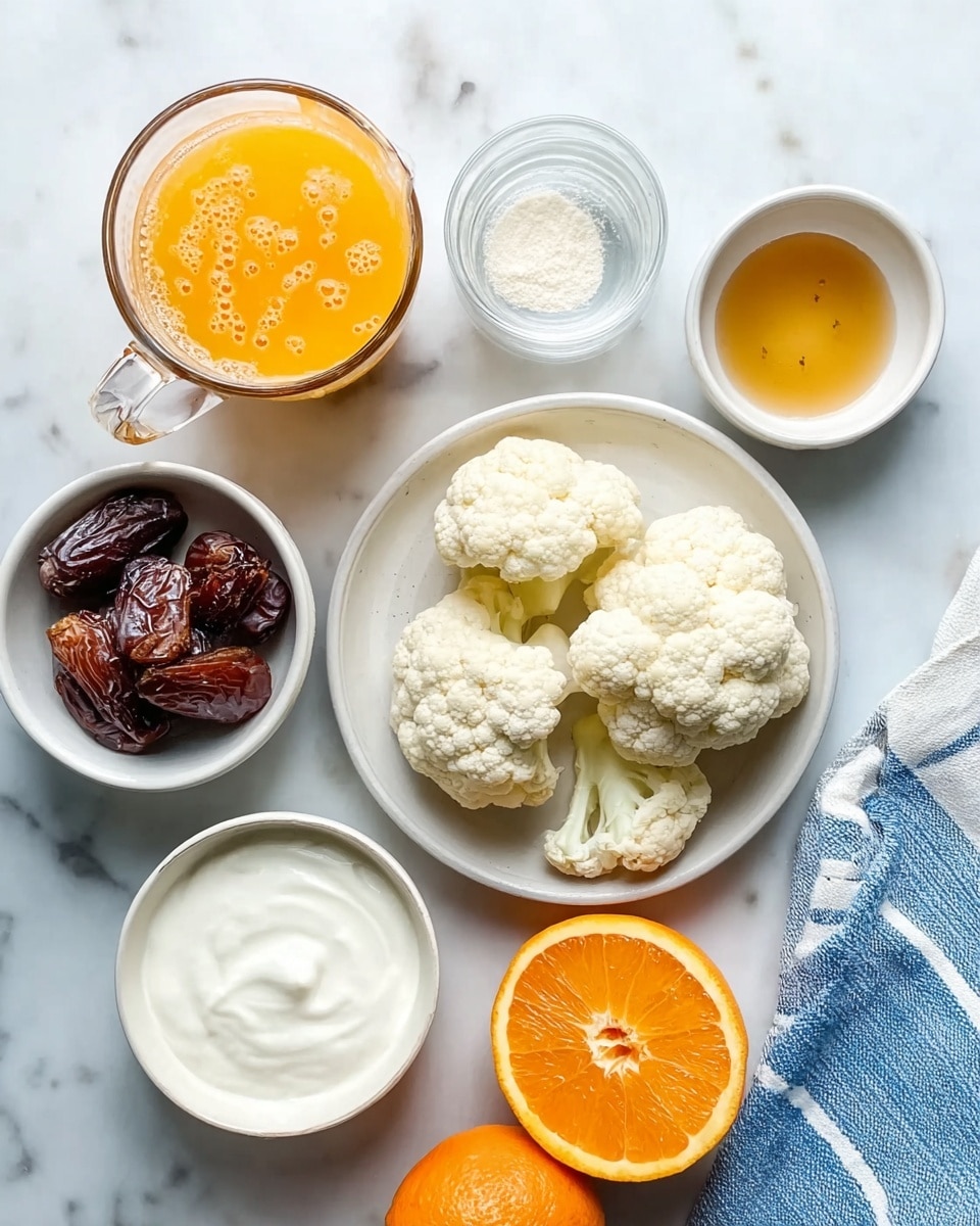 The image shows a flat lay on a white marbled surface with seven white dishes and containers arranged in a loose circle. In the center, a shallow white bowl holds five pale cream cauliflower florets. Above it, a small white cup contains a small amount of a white powdery ingredient, and nearby, a small white bowl holds a thick honey-colored liquid. To the upper left, a glass cup with a handle holds bright orange liquid, with tiny bubbles visible on top. Beside it, a clear glass tumbler is filled with white liquid. To the lower left, a white bowl contains four brown dates with a wrinkled texture. Just below that, a white bowl shows thick plain white yogurt. At the bottom left corner, a whole orange and a halved orange, with bright orange skin and juicy segments, rest next to a blue and white striped cloth. photo taken with an iphone --ar 4:5 --v 7