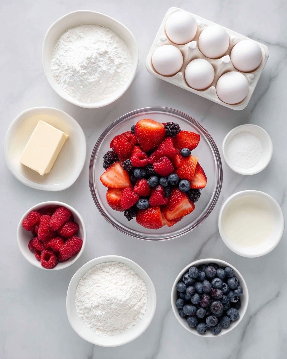 The image shows an overhead view of several ingredients placed on a white marbled surface. In the center, there is a clear glass bowl filled with fresh mixed berries including red strawberries cut into pieces, whole red raspberries, and blue blueberries. Surrounding the bowl in a circular arrangement, there are small white bowls containing white sugar, flour, powdered sugar, milk, and cream. A square white dish holds a block of butter, and a white egg holder contains six white eggs. The colors are natural with a focus on red, blue, and white tones, and everything is neatly placed, creating a clean and organized look. Photo taken with an iphone --ar 4:5 --v 7