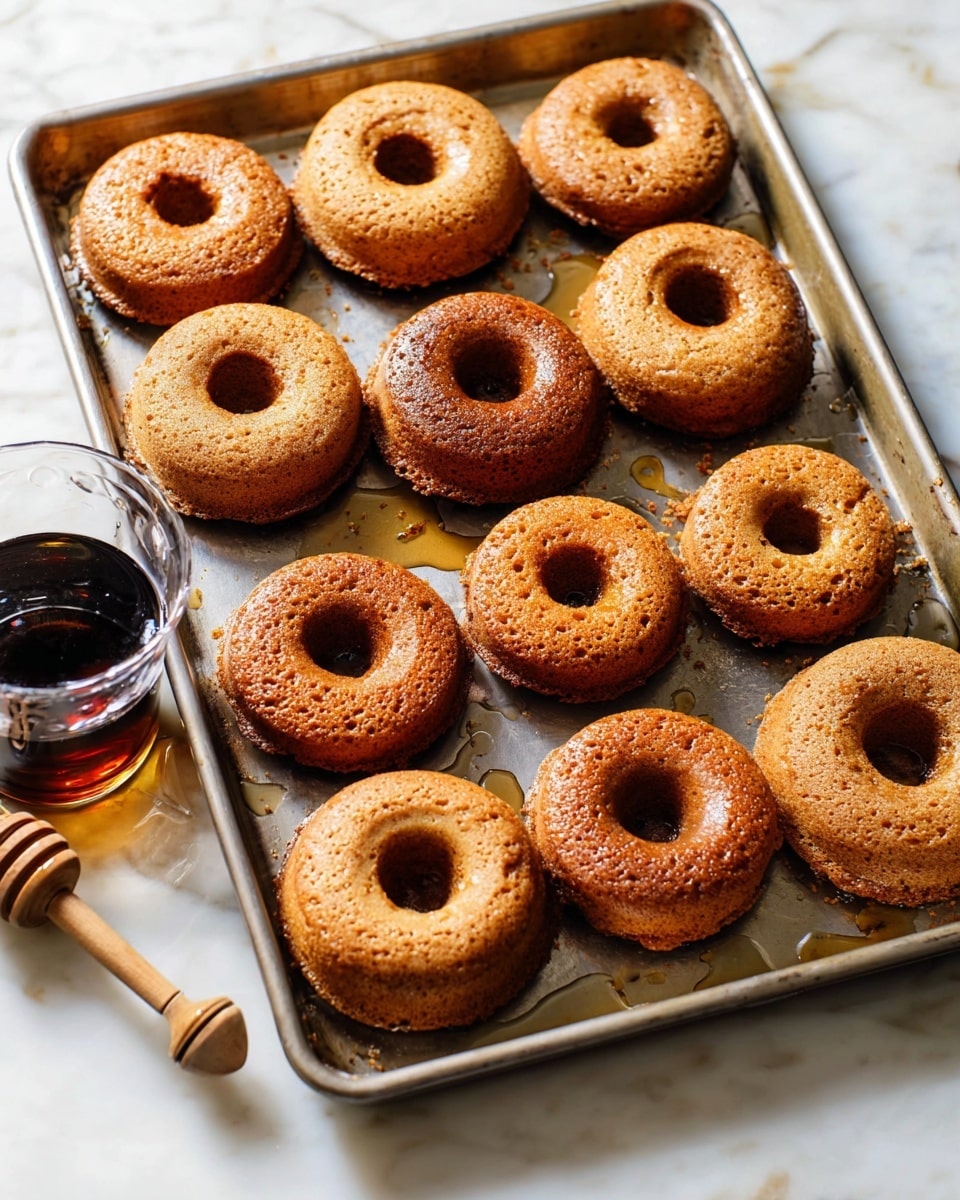 The image shows a metal baking tray placed on a white marbled surface, holding twelve freshly baked, golden-brown cakes in two sizes with a round shape and a hole in the center, similar to donuts. The cakes have a slightly cracked texture on the top, showing a light crust and a fluffy inside. A clear glass container with dark syrup and a wooden dipper is placed on the tray's left side, some syrup drips scattered around it. The overall scene is bright with warm natural light highlighting the cakes' texture and color, photo taken with an iphone --ar 4:5 --v 7