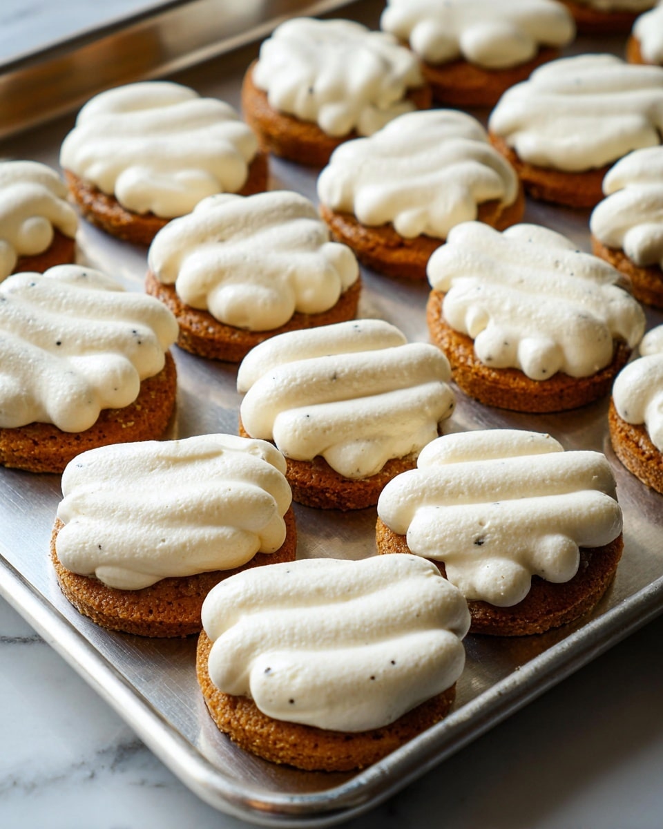 The image shows a metal baking sheet filled with small round cakes topped with thick white frosting, arranged in rows. Each cake has one layer of golden brown base with a textured surface, and a thick dollop of creamy, smooth white frosting piped in horizontal waves on top. The frosting appears airy yet firm, with a few small air bubbles and tiny black vanilla specks visible. The sheet rests on a white marbled surface, and the lighting highlights the contrast between the warm brown cakes and the bright white frosting. photo taken with an iphone --ar 4:5 --v 7