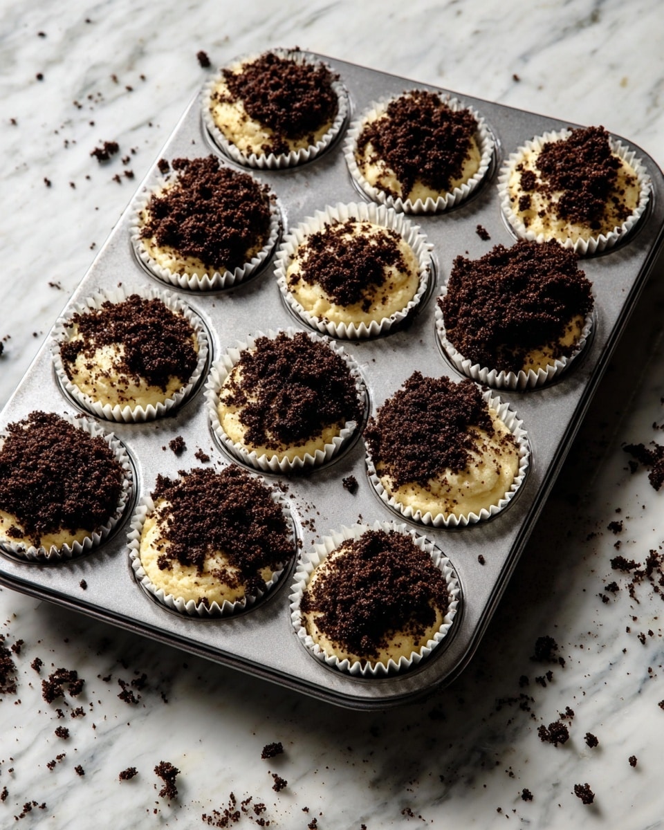 A metal muffin tray filled with twelve cupcakes, each lined with white paper liners. Each cupcake has a thick layer of pale yellow, smooth batter topped generously with a dark brown, crumbly topping that looks like crushed cookies. Some crumbs are scattered around the tray and on the white marbled surface beneath. The tray is placed at an angle, showing the texture of the crumb topping clearly. The overall look is rustic and inviting with the contrast between the light batter and dark crumble. photo taken with an iphone --ar 4:5 --v 7