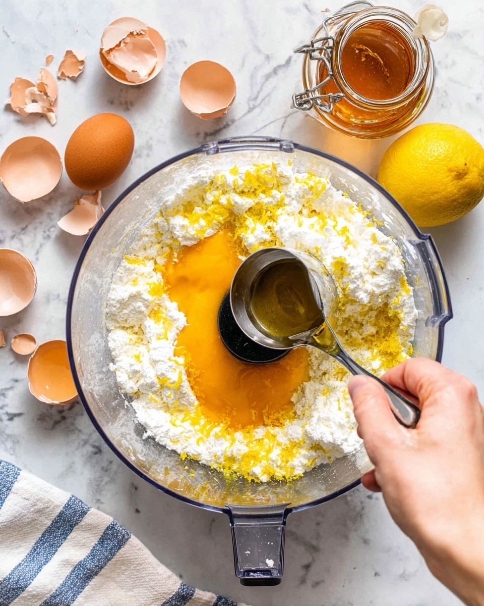 A clear food processor bowl is shown from above, filled with several layers of ingredients for mixing: at the bottom there is an orange egg yolk layer mixed with white cottage cheese, topped with white flour spread around the edges, and bright yellow lemon zest sprinkled over the top center. A woman's hand is holding a metal measuring spoon filled with golden honey, about to add it to the bowl. Around the bowl on a white marbled surface are cracked brown egg shells, a full bright yellow lemon, a jar of honey with golden liquid inside, and a white cloth with blue stripes. Photo taken with an iphone --ar 4:5 --v 7