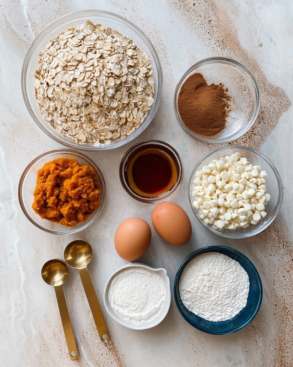 The image shows several clear glass bowls and white measuring spoons arranged neatly on a white marbled surface. There is a large bowl filled with rolled oats, a smaller glass bowl with light brown cinnamon powder, and another with a dark liquid, likely vanilla extract. Two brown eggs sit side by side in a small clear bowl near the center. A medium-sized bowl holds a golden brown liquid, possibly maple syrup or honey. A smaller white bowl is filled with small white chocolate chips. Three gold measuring spoons hold different ingredients: one with bright orange pumpkin puree, one with white cottage cheese, and one with thick white yogurt. Another small dark blue bowl contains white powders, likely baking soda and baking powder. The setup is clean and organized, with each ingredient clearly visible. photo taken with an iphone --ar 4:5 --v 7