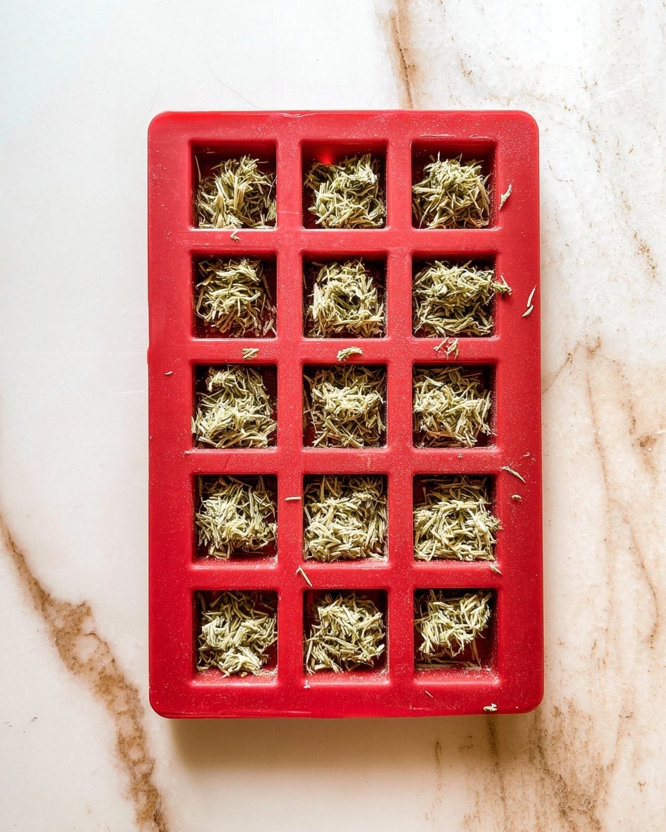 A red silicone mold tray with 15 square cavities filled with a dry, light green shredded herb mixture, slightly uneven in each cavity with some pieces scattered on top and around the edges. The tray is placed on a white marbled surface with soft brown veining. The herb texture appears fibrous and fine, packed loosely in each square. Photo taken with an iphone --ar 4:5 --v 7