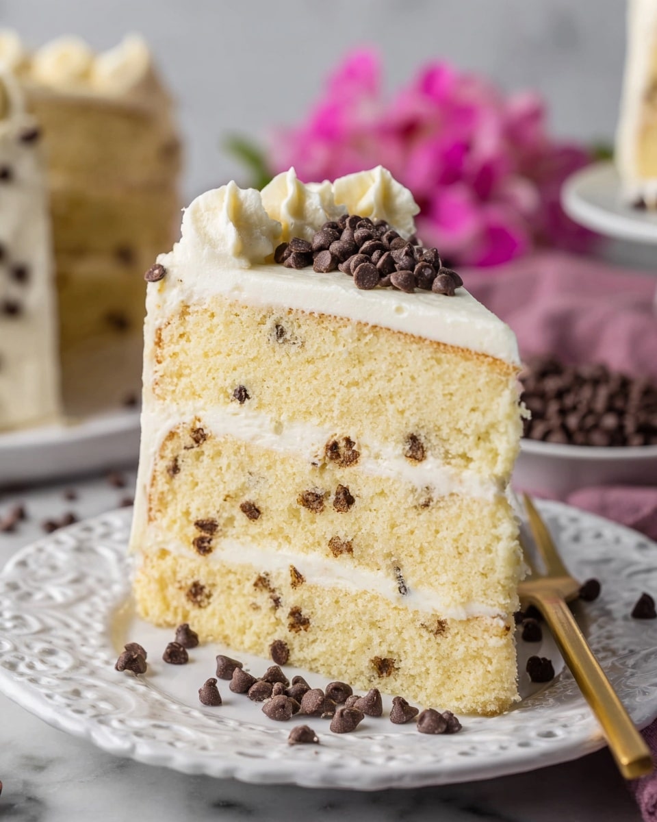 A slice of three-layer yellow cake sits on a white ornate plate with some chocolate chips scattered around the base. Each cake layer is light yellow with a soft, fluffy texture. Between the layers is a creamy white frosting mixed with small chocolate chips. The top layer is covered with smooth white frosting, with a small pile of chocolate chips garnishing the edge. The background shows more cake pieces and a white marbled surface with some pink flowers nearby. photo taken with an iphone --ar 4:5 --v 7