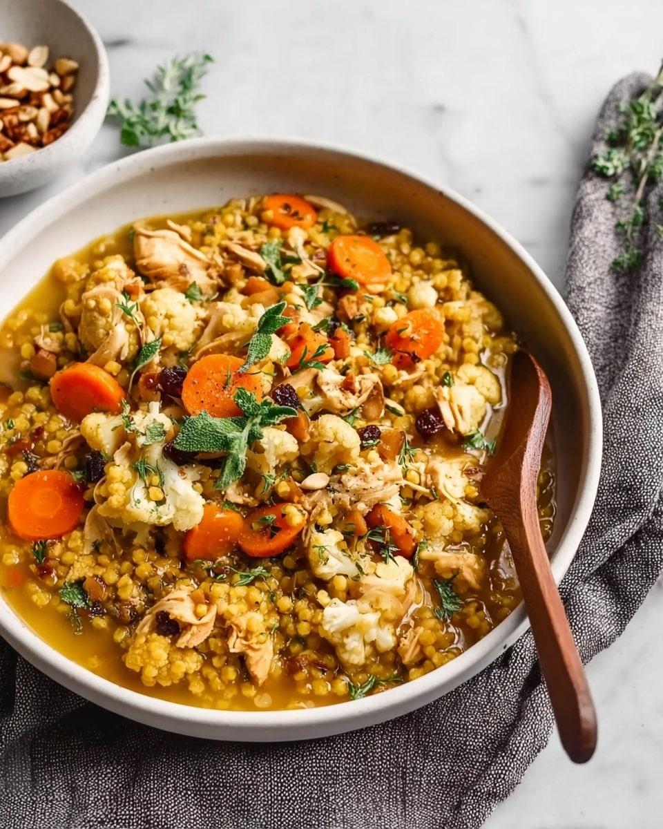 A close-up view of a large white deep dish filled with a thick stew made of small yellowish round grains, shredded light brown chicken pieces, bright orange carrot slices, creamy cauliflower florets, small dark raisins, and bits of green herbs, all mixed in a golden broth. A wooden spoon is resting inside the dish on the right side. The dish sits on a white marbled surface with a gray textured cloth folded underneath the left side. Nearby, a small white bowl holds crushed nuts and green herb sprigs lay casually in the upper background. Photo taken with an iphone --ar 4:5 --v 7