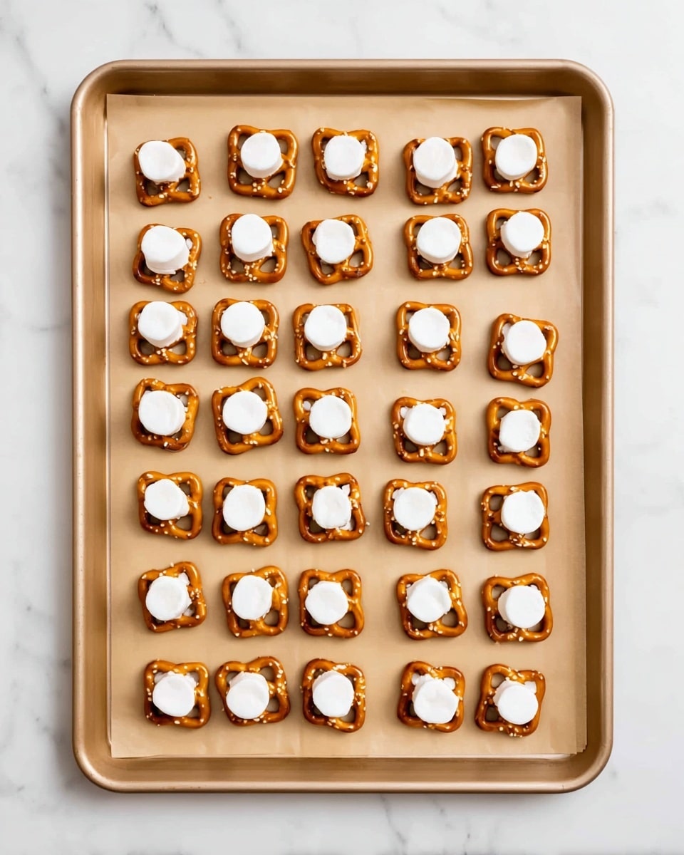 The image shows a baking tray lined with light brown parchment paper on a white marbled surface. On the tray, there are 32 small square pretzels arranged in neat rows. Each pretzel is golden-brown and topped with a single, round, white marshmallow placed right in the center. The pretzels are spaced evenly apart from each other, and the scene looks clean and simple with a clear view from above. Photo taken with an iphone --ar 4:5 --v 7