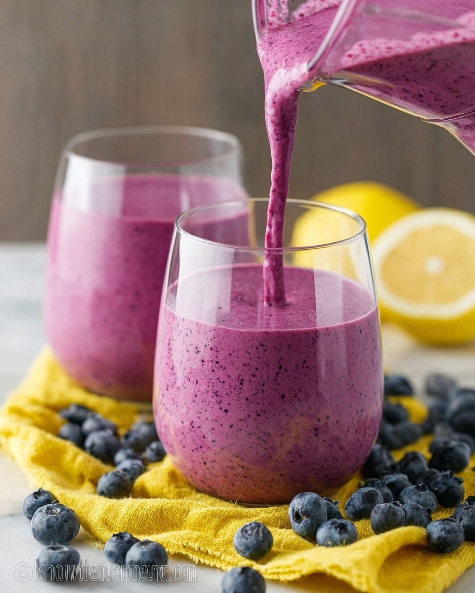 Two clear glasses filled with thick, creamy purple smoothie with small dark specks, placed on a yellow cloth on top of a white marbled surface. In the foreground glass, a vibrant purple smoothie is being poured from a pink blender container. Surrounding the glasses are fresh, dark blue blueberries scattered casually. In the background, there is a halved lemon with bright yellow color slightly out of focus. Photo taken with an iphone --ar 4:5 --v 7