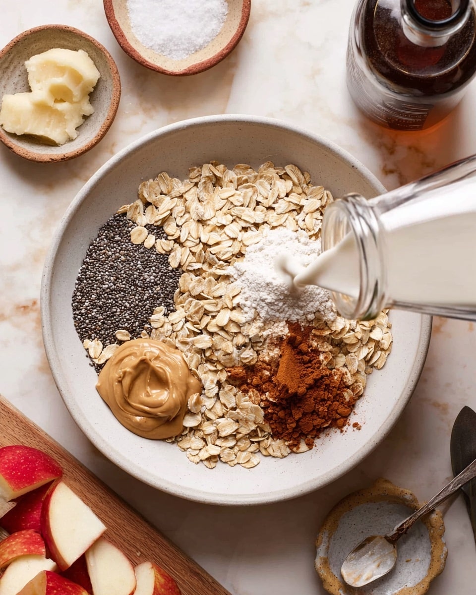 A white bowl filled with five layers of ingredients: a base layer of light brown rolled oats spread across the bowl, a small mound of white powder on the top right, a dark grey pile of chia seeds to the left of the white powder, a dollop of light brown peanut butter near the bottom left, and a heap of reddish-brown cinnamon on the right side, slightly overlapping the oats. A transparent glass bottle is pouring white liquid onto the oats from the right side. Surrounding the bowl is a white marbled surface with small dishes containing white salt and peanut butter, a wooden board with chopped red apple pieces and a knife, and a dark glass bottle with a spout. Photo taken with an iphone --ar 4:5 --v 7