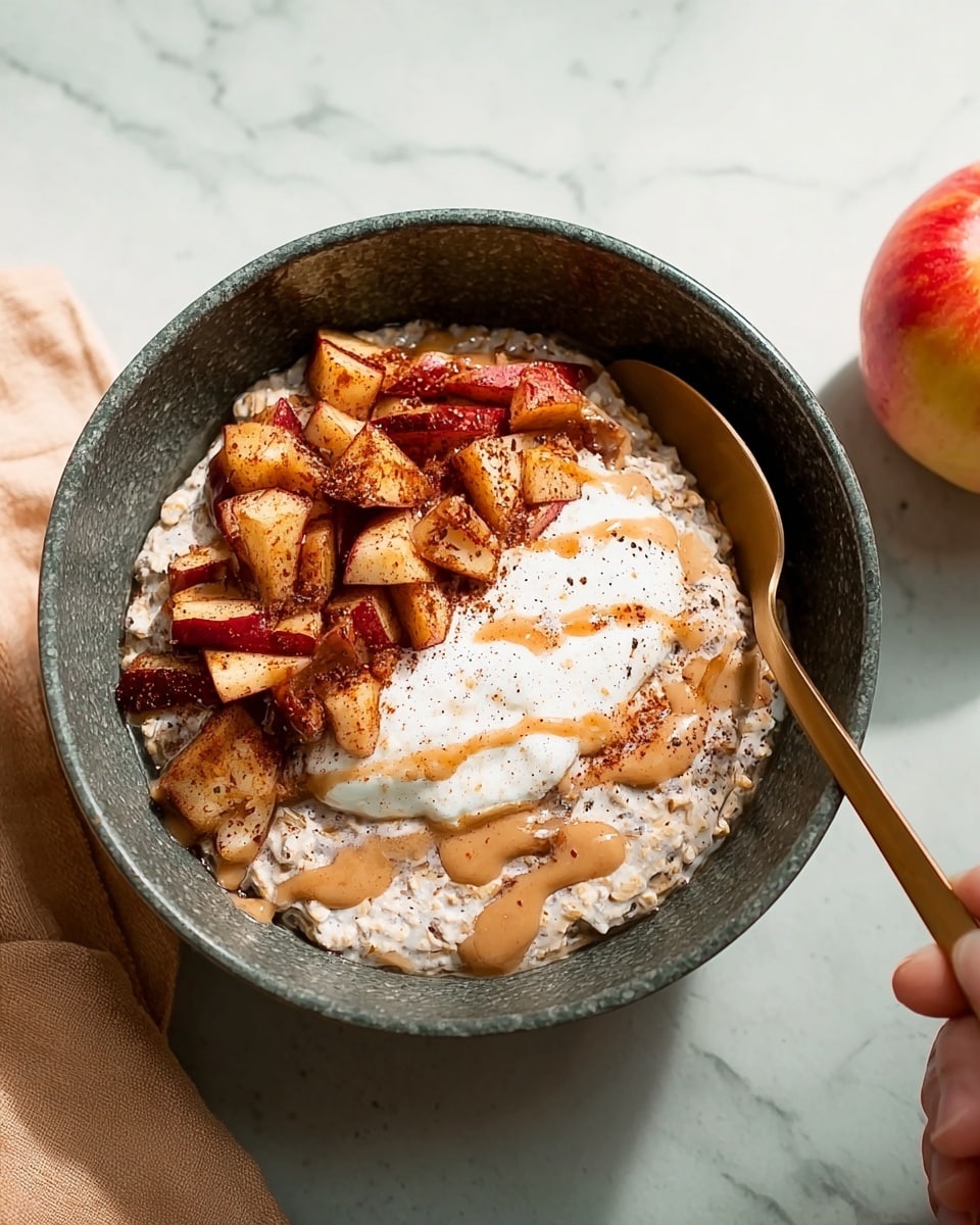 A close-up of a bowl with three layers of food on a white marbled surface. The bottom layer is creamy oatmeal with specks of brown, filling the bowl. On top, there is a large dollop of white yogurt centered in the bowl. The top layer has small, cubed pieces of reddish-brown spiced apple, arranged neatly over the yogurt. A drizzle of light brown sauce runs across the apples, yogurt, and oatmeal. The bowl is dark grey with some black flecks, and there is a gold spoon inside it on the right side. Next to the bowl, a woman's hand holds an apple. Photo taken with an iphone --ar 4:5 --v 7