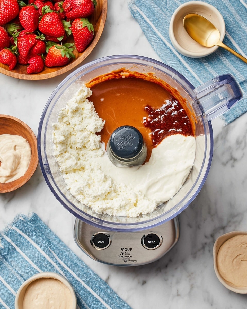 The image shows a clear food processor bowl with four main layers inside. The largest layer on the left side is white and lumpy, looking like cottage cheese or curds. On the top right, there is a bright white creamy layer with a smooth texture, slightly covered by a dark reddish-brown sauce spot with a shiny surface. Next to this creamy layer, there is a smooth, thick orange syrupy liquid taking up the top middle part of the bowl. The food processor base is silver with black and white buttons labeled