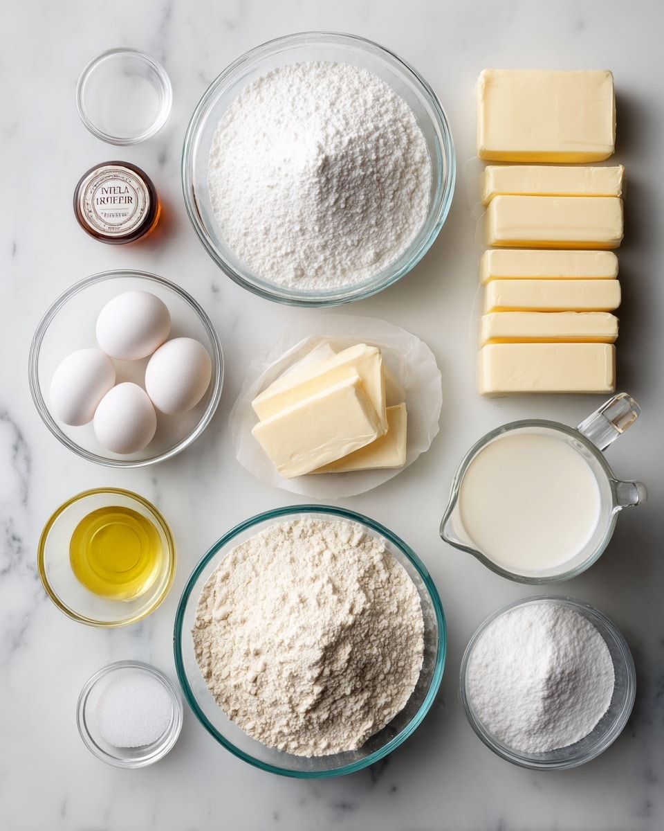 A white marbled surface holds several clear glass bowls and a few sticks of butter arranged neatly. There are three white eggs in a small clear bowl near the center. A large clear bowl full of white powdered sugar sits at the top left. Next to it, a small round container labeled vanilla extract rests on the surface. Four sticks of pale yellow butter are placed in a row near the top right. Below them, a clear measuring jug filled with white milk and a smaller jug containing light yellow vegetable oil are on the right side. Near the center bottom, a large clear bowl holds fine, light beige flour, while to the right of it is a smaller clear bowl filled with white sugar. At the bottom left, a small clear cup contains light cream. Two tiny clear bowls, one with baking powder and the other with salt, complete the arrangement, all on a white marbled surface photo taken with an iphone --ar 4:5 --v 7
