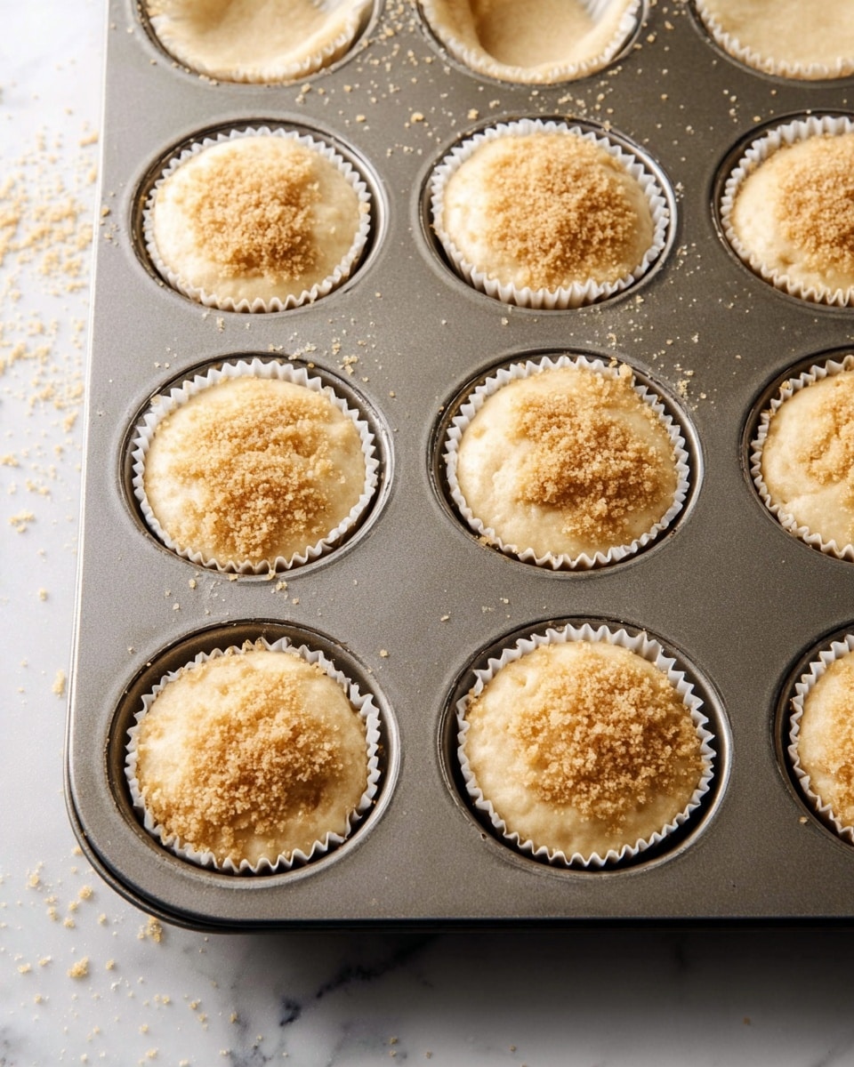 A metal muffin tray with nine cups filled with light beige batter, each cup having a white paper liner around the batter. The batter is soft and smooth, slightly risen, and each muffin top is sprinkled with a golden-brown crumbly topping that looks like sugar crystals. The tray sits on a white marbled surface, and some sugar crystals are scattered around the tray, adding texture to the scene. photo taken with an iphone --ar 4:5 --v 7