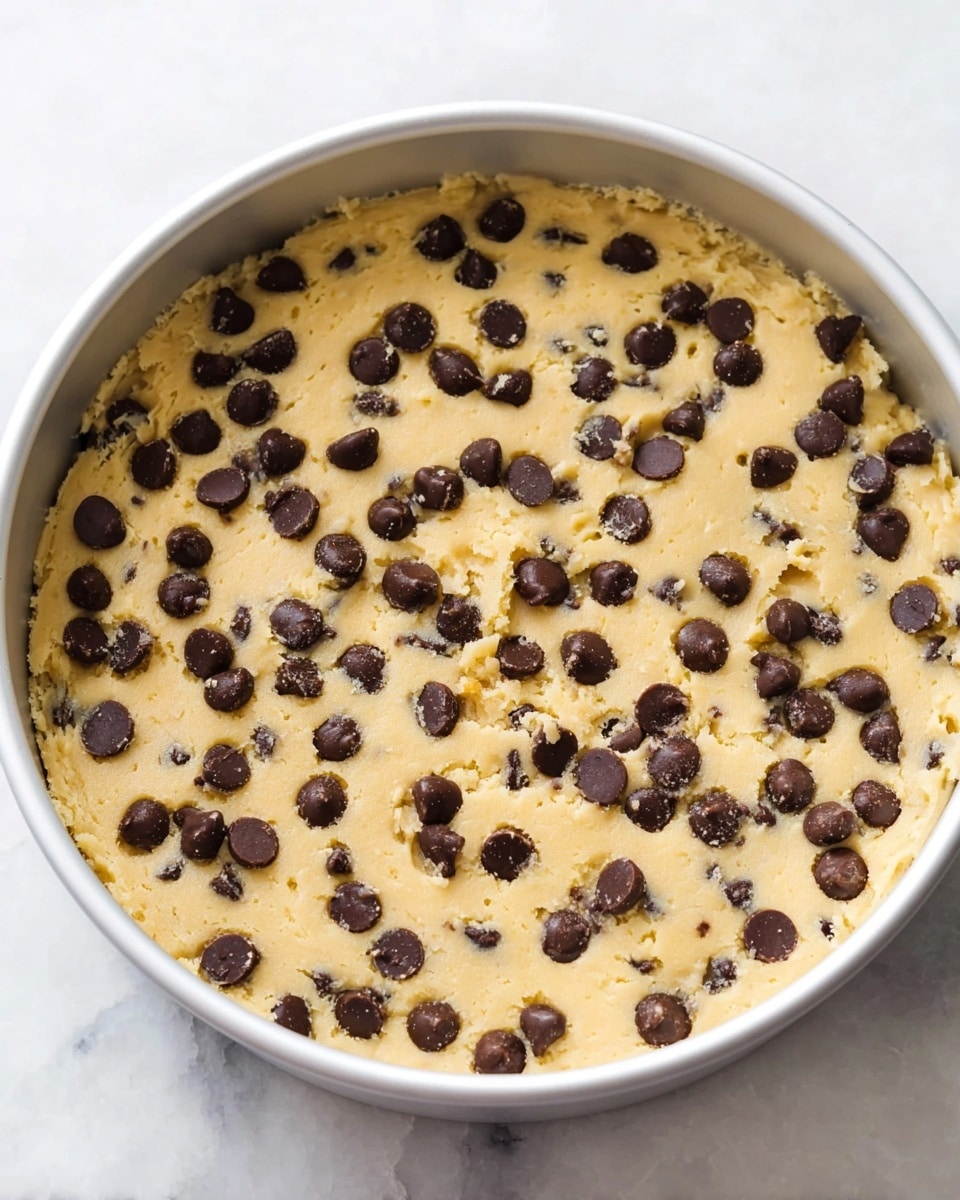 A close-up view of a single thick layer of raw cookie dough spread evenly in a round white baking pan, with many dark brown chocolate chips scattered throughout the pale yellow dough, some chips slightly pressed into the surface. The pan sits on a smooth white marbled texture background. photo taken with an iphone --ar 4:5 --v 7