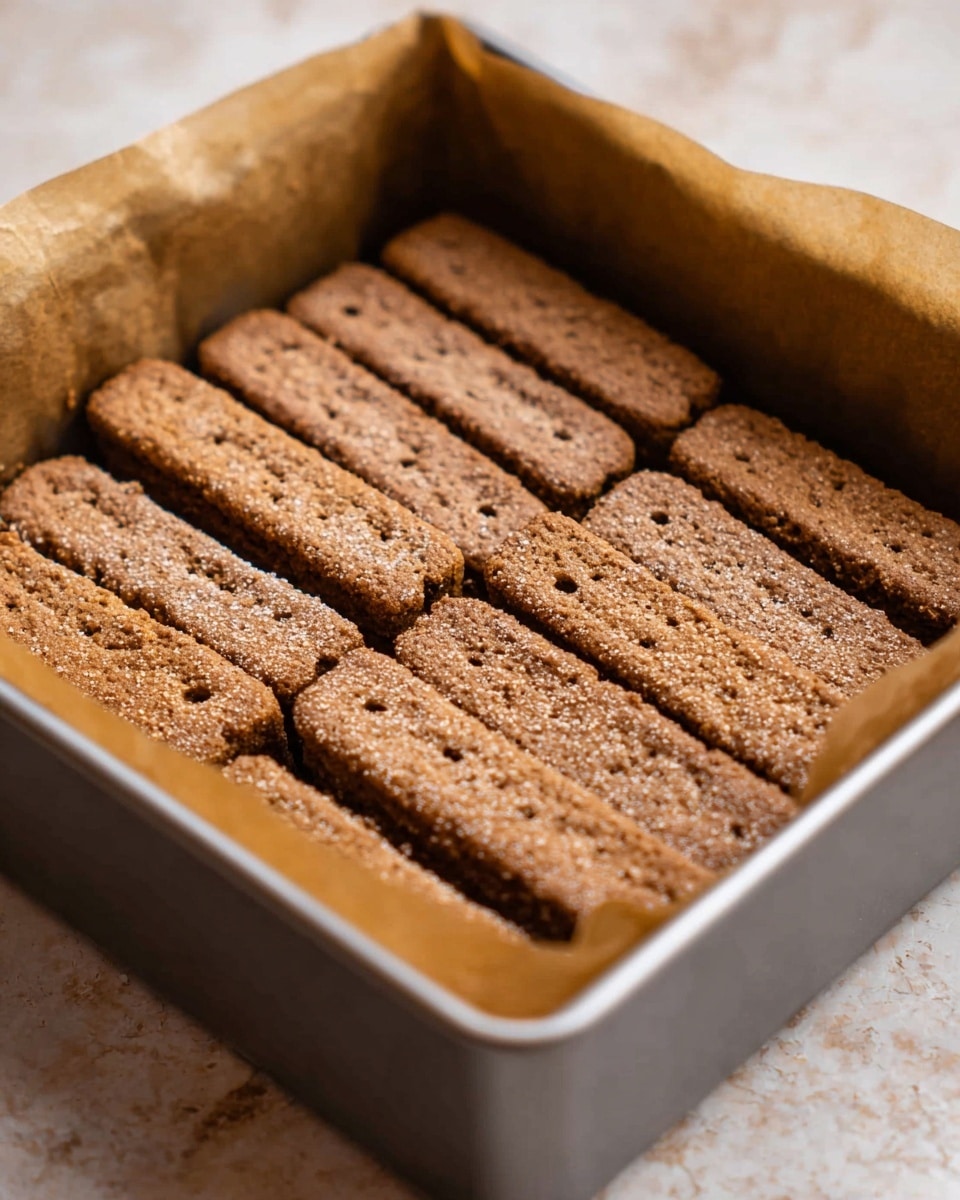 The image shows a close-up of a square metal baking pan lined with brown parchment paper, filled with two layers of light brown ladyfinger biscuits arranged neatly in rows. The biscuits have a slightly rough texture with small holes and a dusting of powder on top. They are tightly packed side by side, with the second layer placed at a right angle to the first. The pan sits on a white marbled surface. photo taken with an iphone --ar 4:5 --v 7