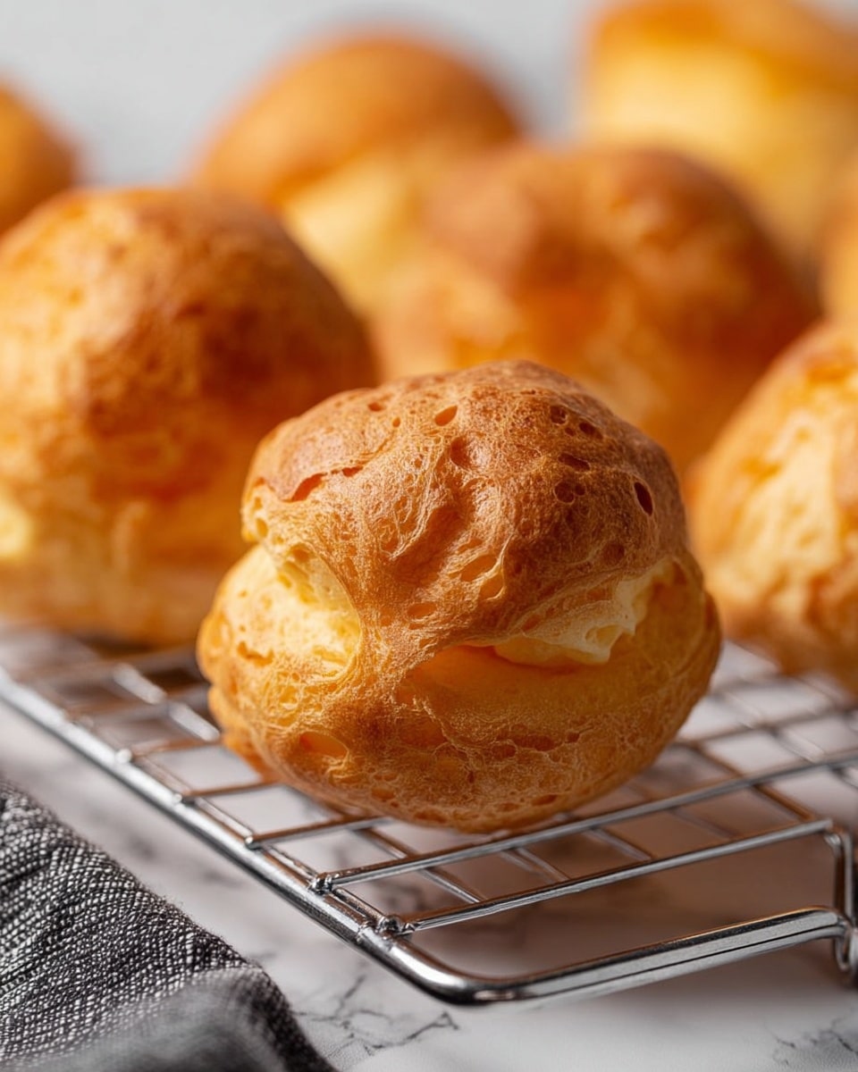 The image shows several golden brown cream puffs placed on a silver wire cooling rack. Each cream puff has a round shape with a slightly crispy, textured surface and a hollow interior. The cream puffs have a warm light orange color with some darker spots highlighting their baked, airy crust. The rack stands on a white marbled surface, and a gray and black striped cloth is partly visible in the corner. The focus is mainly on the puff in the front, with others softly blurred behind it. photo taken with an iphone --ar 4:5 --v 7
