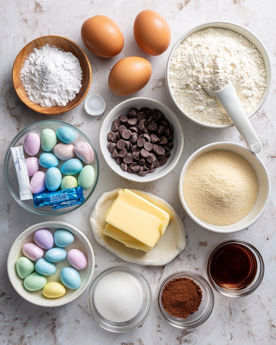 The image shows several ingredients arranged on a white marbled surface for baking, each labeled with white text and black outline. There is a small wooden plate holding white corn starch, salt, and baking soda near the top left. Next to it, two brown eggs rest side by side. A clear white bowl filled with white flour is placed near the top right, with a white scoop inside. Below that, a white bowl holds dark brown chocolate chips. Two small tubes of bright red and purple food coloring lie horizontally under the chocolate chips. A white bowl of pastel-colored Cadbury mini eggs is below food coloring. In the center, a stick of pale yellow butter rests directly on the surface. Near the bottom left, a white bowl contains brown sugar, and next to it a clear bowl filled with powdered white sugar. There is a small white bowl with brown cocoa powder labeled optional. A small clear bowl with dark brown vanilla extract sits beside a clear bowl filled with white granulated sugar. Near the bottom right corner, a clear bowl of pale cream milk is present. Photo taken with an iphone --ar 4:5 --v 7