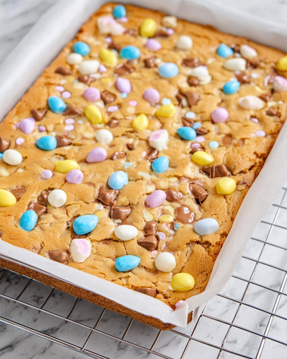 A rectangular cookie bar with a golden-brown top layer, sitting in a white tray lined with white parchment paper, is covered with cracked pastel-colored candy pieces in blue, yellow, pink, and white, which reveal a milk chocolate center. The cookie surface looks soft with a slightly bumpy texture and the candy pieces are scattered unevenly across the whole top, adding a mix of smooth chocolate and crunchy candy shell bits. The tray is placed on a wire cooling rack over a white marbled surface. Photo taken with an iphone --ar 4:5 --v 7