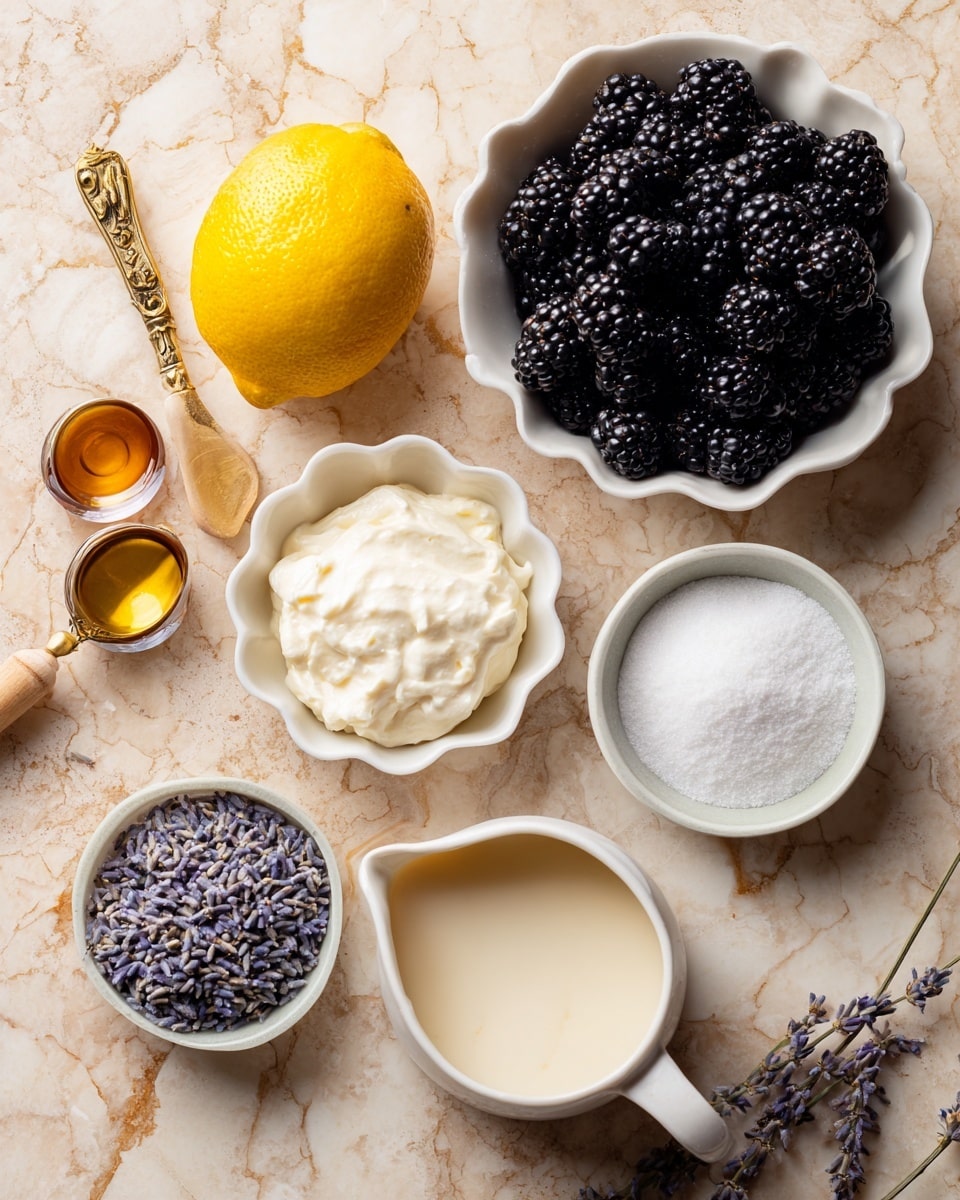 The image shows several ingredients arranged neatly on a surface with a light beige color and soft texture, changed to a white marbled texture. There is a white, scalloped bowl near the top right filled with dark, shiny blackberries. Below and slightly left are two small white scalloped bowls, one holding a white creamy mascarpone and the other filled with fluffy white sugar. In the center, there is a light beige creamy liquid in a flower-shaped white bowl labeled sweetened condensed milk. To the left of that, a bright yellow whole lemon rests on the surface. Two small wooden spoons with gold-colored scoops contain vanilla extract and salt, positioned at the upper left. Near the bottom left corner, a small white scalloped bowl holds light purple dried lavender flowers. Finally, a white small pitcher with a spout is positioned in the bottom right corner, holding heavy cream. photo taken with an iphone --ar 4:5 --v 7