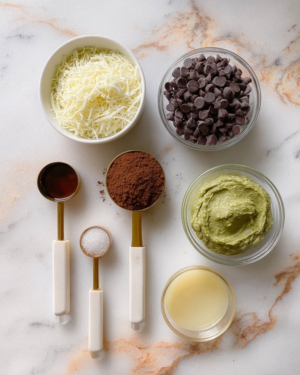 The image shows six small containers with different ingredients placed on a white marbled surface. On the top left is a white bowl filled with thin, pale yellow shredded strands. Next to it, on the top right, is a clear glass bowl full of dark chocolate chips. Below these are three measuring spoons with white wooden handles, arranged in a row: the left one has a dark brown liquid, the middle one holds a fine brown powder, and the right one contains a smooth, thick green paste. To the bottom right is a clear glass bowl with a pale yellow liquid. Photo taken with an iphone --ar 4:5 --v 7