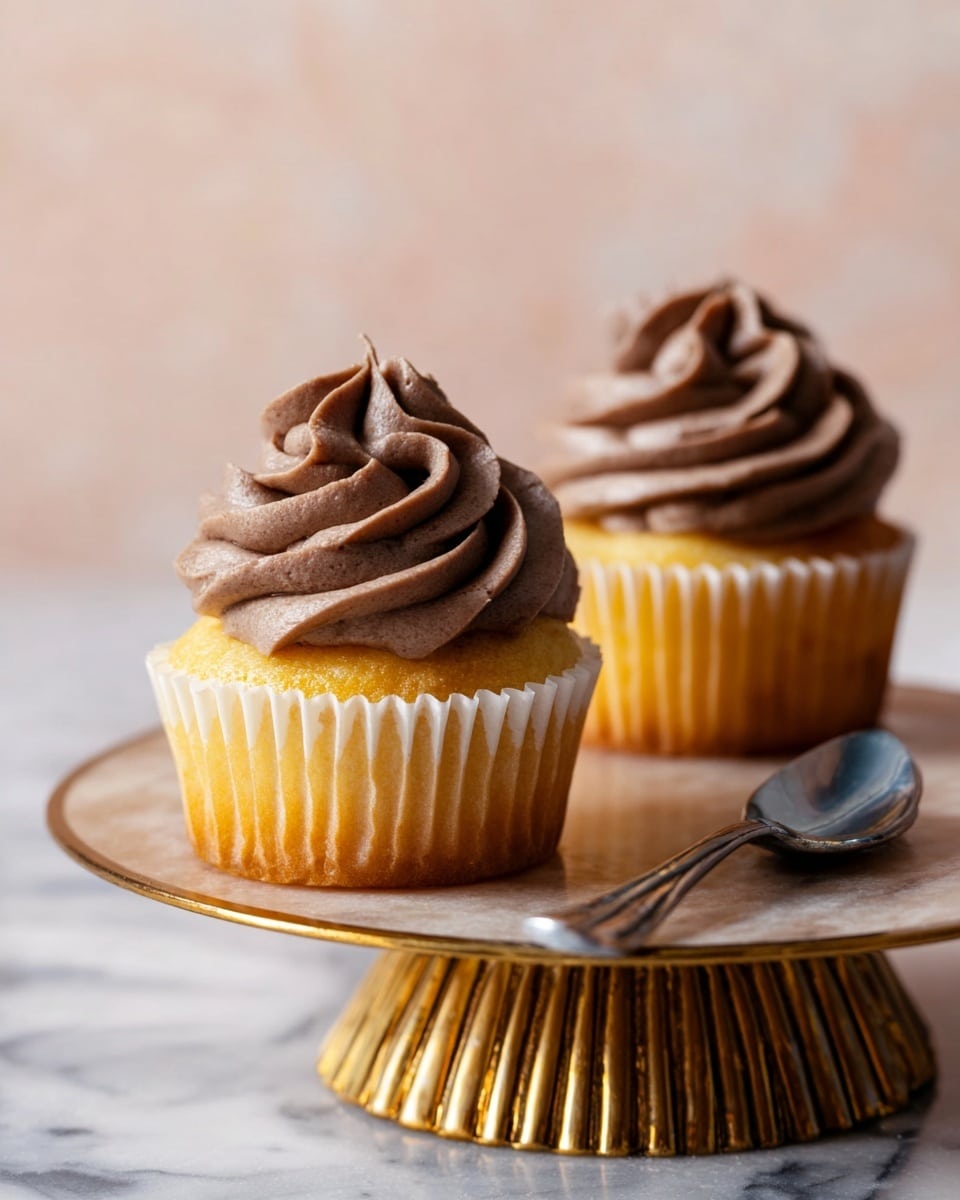 Two cupcakes with four layers of thick, smooth, light brown frosting swirled on top sit on a round, gold ridged stand. The cupcakes have a soft, golden yellow base wrapped in white paper liners. There is a silver spoon placed next to the cupcake on the right side. The background and surface have a soft white marbled texture. Photo taken with an iphone --ar 4:5 --v 7