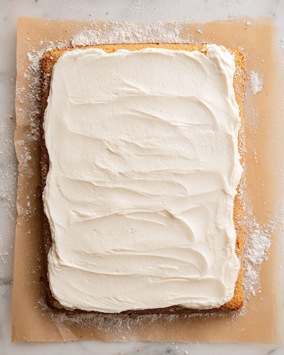 A rectangular baked cake layer with a light brown color is spread evenly with a thick layer of smooth white frosting. The edges of the cake are visible, showing a slightly rough texture with crumbs. The frosting has a soft, creamy texture with visible swirls and strokes across the surface. The cake is placed on a light brown parchment paper with a dusting of white flour around, set on a white marbled surface. photo taken with an iphone --ar 4:5 --v 7