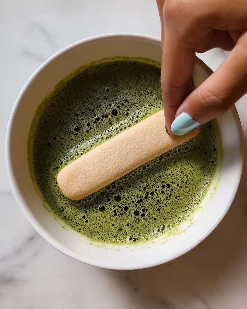 A white bowl filled with a frothy, dark green liquid sits on a white marbled surface. A beige, rectangular biscuit with a smooth texture is placed horizontally in the green liquid at the center of the bowl. A woman's hand with short nails painted in light blue is reaching toward the biscuit from the right side of the image. The scene is well-lit, showing the detailed bubbles and specks in the green liquid. photo taken with an iphone --ar 4:5 --v 7