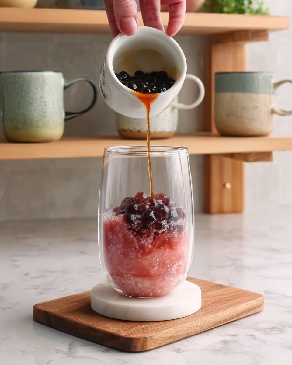 A woman's hand is pouring dark brown tapioca pearls with syrup from a small white bowl into a clear glass. Inside the glass, there is a thick pinkish layer at the bottom that looks like crushed strawberries or fruit puree. The glass is placed on a white marble coaster on a wooden board. In the background, there are three ceramic mugs with different muted designs and colors sitting on wooden shelves. The whole scene is set on a white marbled surface. photo taken with an iphone --ar 4:5 --v 7