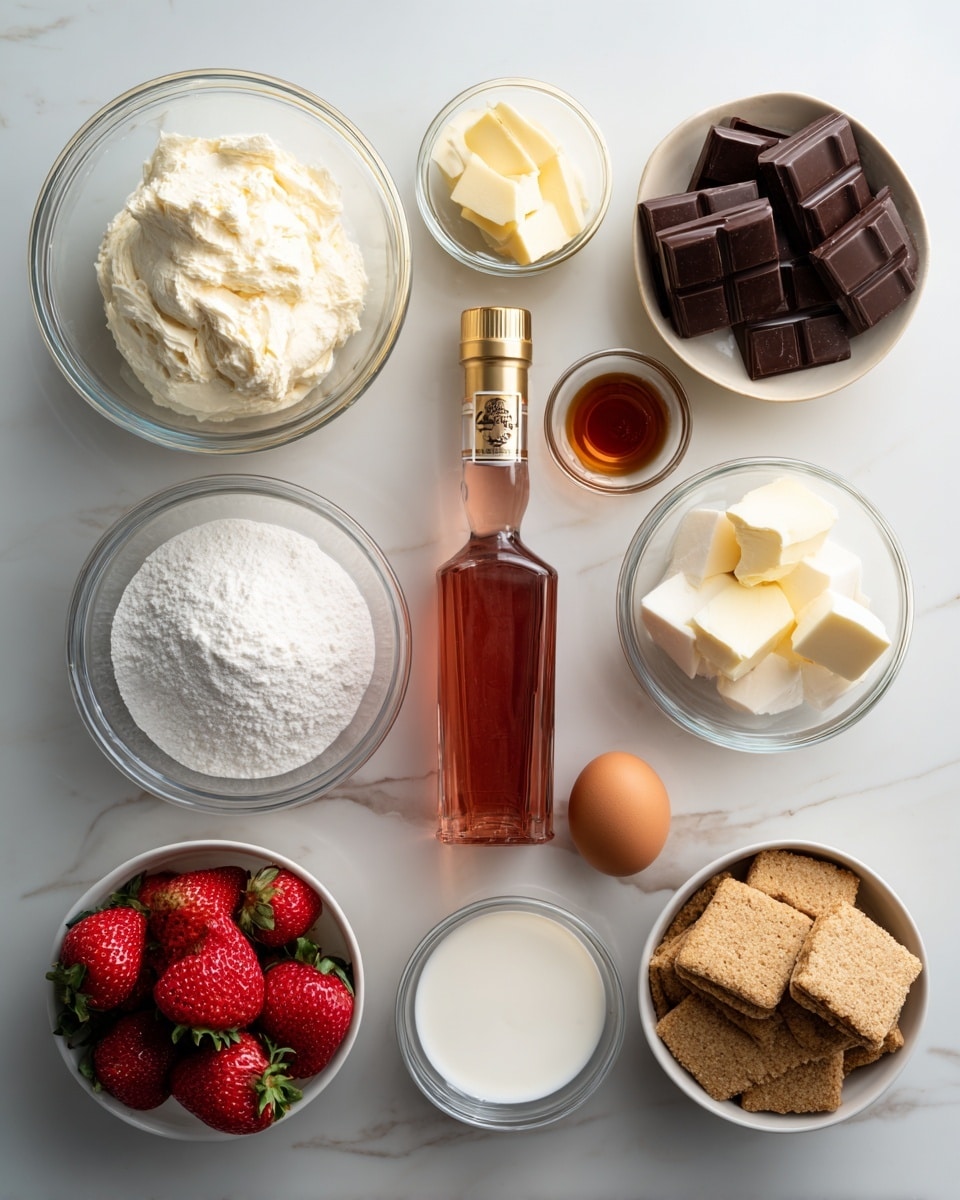 The image shows clear glass bowls and a bottle arranged on a white marbled surface, each containing different ingredients. There is a large bowl with soft cream cheese in the top left, a smaller bowl with melted butter next to it on the right, and a bowl of dark chocolate squares below the butter. Below the cream cheese is a bowl filled with white sugar, and to its right, a bottle of pink Pennsylvania Dutch cream liqueur with a gold cap stands tall in the center. Below the sugar bowl are two eggs in a small bowl, next to a bowl with white heavy cream. To the right of the cream is a tiny bowl with amber vanilla extract, and a smaller bowl of white salt sits between the chocolate and vanilla. At the bottom left are fresh red strawberries in a small bowl, beside a similarly sized bowl filled with finely crushed light brown graham crackers. The bowls are neatly organized with clear visibility of each ingredient. photo taken with an iphone --ar 4:5 --v 7