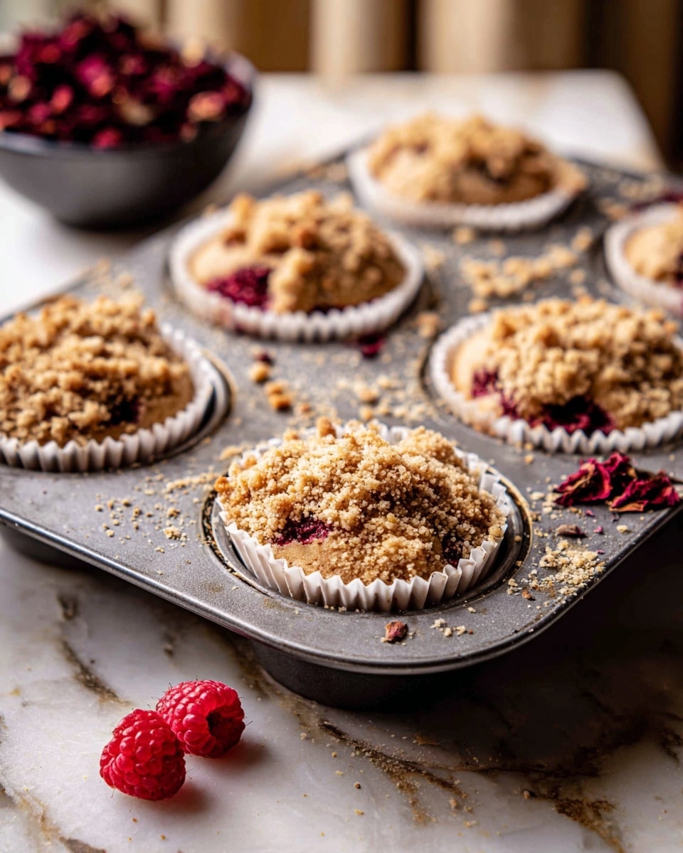 A metal muffin tray holds six cups lined with white paper liners, filled with light brown batter mixed with visible red raspberries, each topped with a crumbly streusel layer in a sandy beige color. Some crumbs are scattered around the tray. The tray is placed on a white marbled surface with three fresh red raspberries nearby. In the background, there is a blurred bowl filled with dark red dried rose petals. The photo looks warm, cozy, and inviting. Photo taken with an iphone --ar 4:5 --v 7