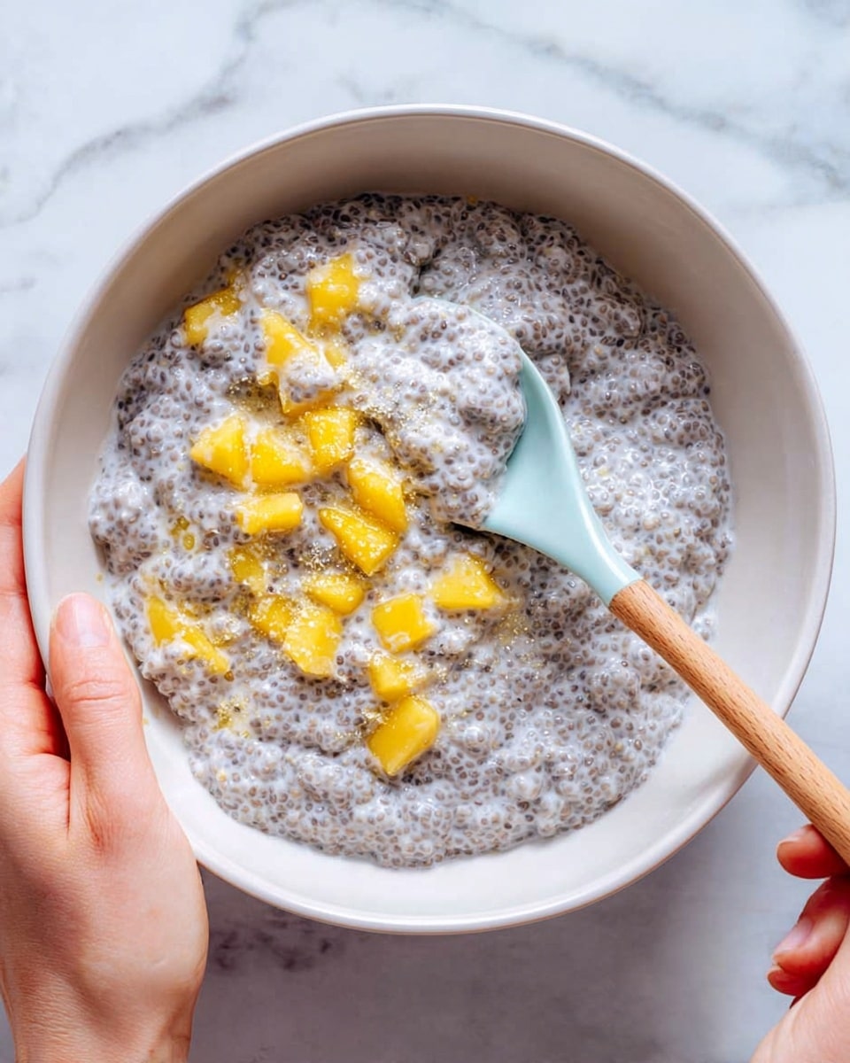A close-up top view of a white bowl filled with creamy chia seed pudding mixed with small pieces of yellow mango scattered throughout. The chia pudding is light gray with a thick, slightly lumpy texture, and the mango chunks add bright pops of color. A light blue spoon with a wooden handle is scooping some pudding from the bowl, which is held by a woman's hand on the left side. The background is a white marbled surface with a soft light that highlights the food's texture and fresh look photo taken with an iphone --ar 4:5 --v 7