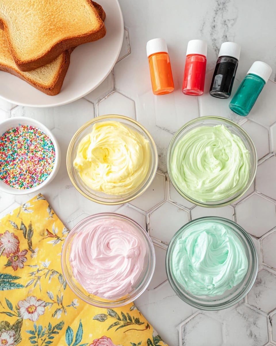 The image shows four small glass bowls, each filled with a smooth, whipped frosting in different pastel colors: pale yellow, light pink, light green, and light blue, arranged in a square pattern on a white marbled hexagon tile surface. Above the bowls, there are four small bottles of food coloring in red, orange, green, and black with pastel-colored caps lined up horizontally. To the top left, a white plate holds two toasted bread slices, golden brown with even texture. A white bowl filled with colorful candy sprinkles is nearby. A yellow cloth with a floral and bird pattern is placed at the bottom left corner, completing the scene. Photo taken with an iphone --ar 4:5 --v 7