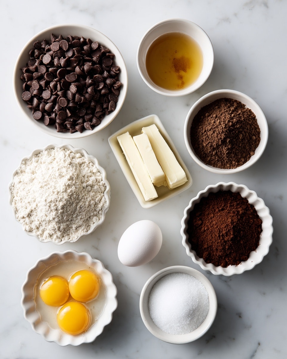 The image shows nine small white bowls and one white dish arranged on a white marbled surface. Starting from the top left, there is a bowl filled with shiny dark brown chocolate chips. Next to it, a small white bowl holds a clear golden liquid vanilla extract. To the right, another bowl contains a dark brown cocoa powder with a slightly clumped texture. Below the cocoa powder, two sticks of pale yellow butter lie side by side. In the center, a fluted white dish has a heaping pile of white flour with a soft texture. To the bottom left of the flour, a small bowl holds a fine white salt powder. Next to it, a bowl contains two yellow eggs with shiny yolks and clear whites. Below the flour, a small white bowl is filled with dark brown espresso grounds, finely textured. To the right of the espresso, a bowl contains white granulated sugar, forming a smooth mound. The image has a clean, simple look with all items evenly spaced. Photo taken with an iphone --ar 4:5 --v 7