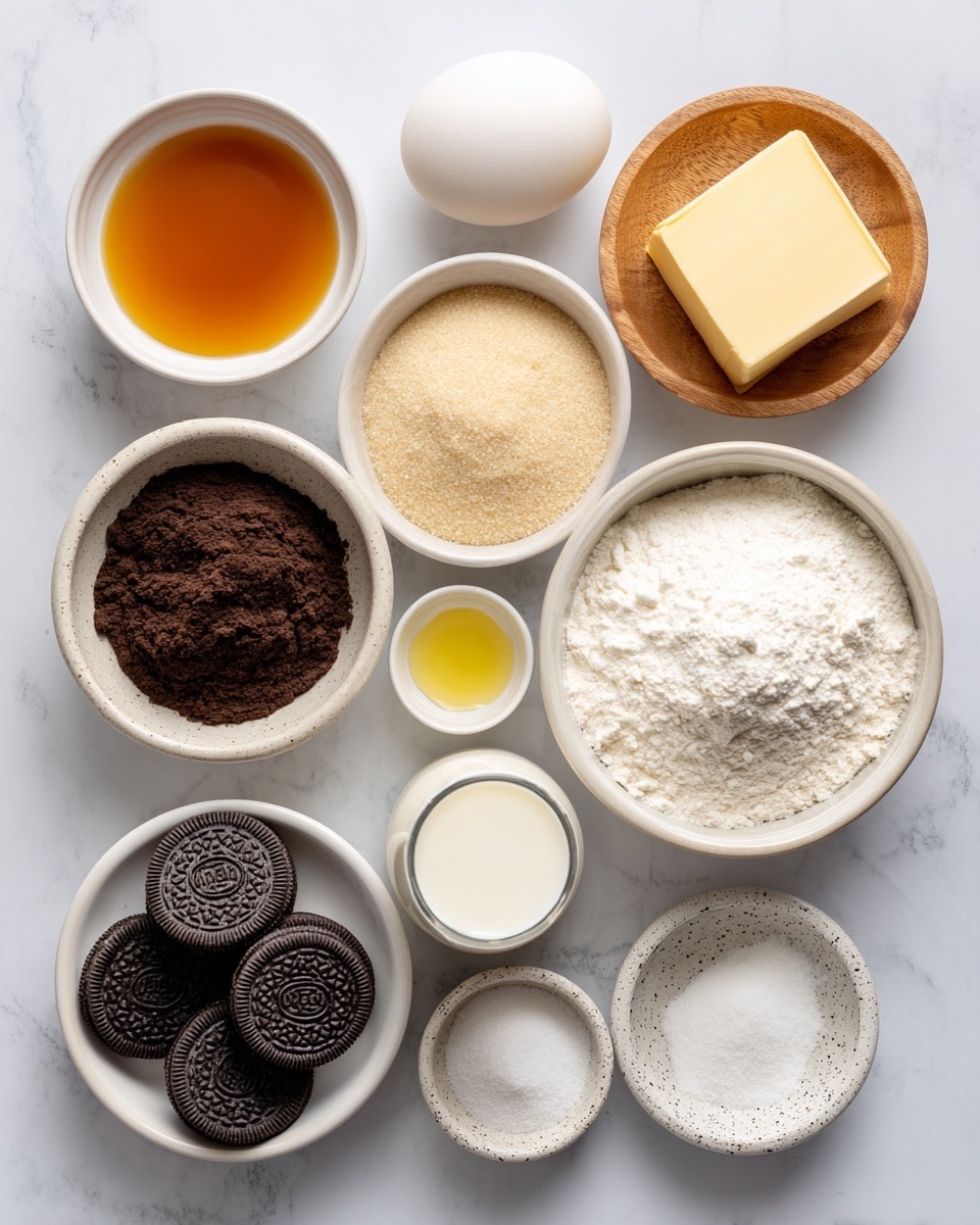 The image shows 14 baking ingredients neatly arranged on a white marbled surface, each in a small white or wooden bowl except for the Oreos and the egg. Starting from the top left, there is a small white bowl with amber vanilla extract, next to it is a white bowl filled with light brown sugar. Below these are a whole white egg and a wooden bowl holding a square of pale yellow butter. To the right of the butter is a white bowl filled with fine white flour. Below the flour is a clear glass jar with white milk and next to it a small clear glass cup with light yellow oil. In the center is a larger white bowl filled with white powdered sugar. To the left, a white bowl contains dark brown cocoa powder, and below it a cluster of 7 black Oreo cookies rests directly on the surface. At the bottom right, there are three small speckled bowls arranged in a triangle, containing white baking powder, white baking soda, and white salt. Another small white bowl holds fine white sugar. The whole setup is clean and evenly spaced, offering a clear view of each ingredient’s texture and color photo taken with an iphone --ar 4:5 --v 7