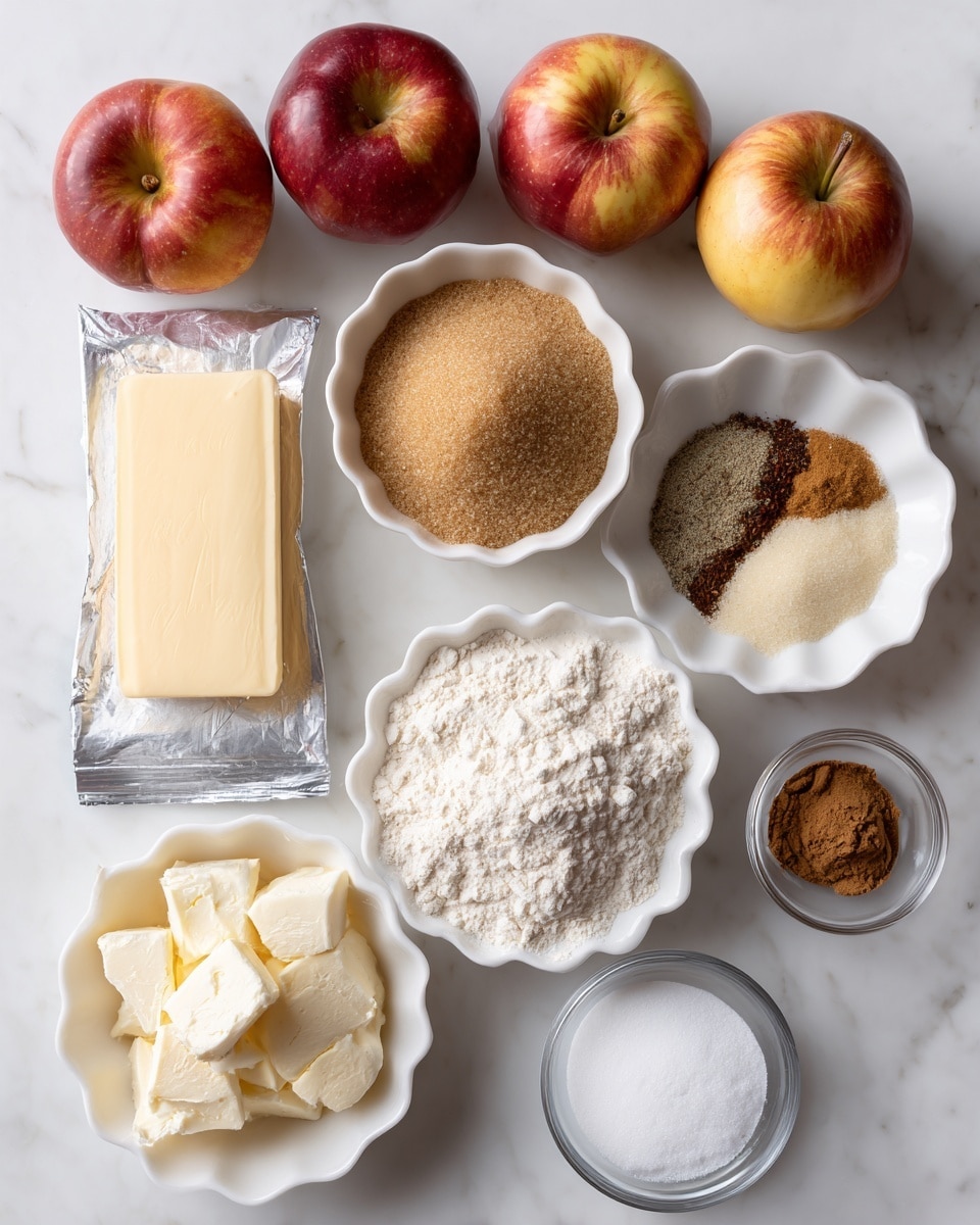Two whole red and yellow apples sit at the top on a white marbled surface. Below them, a white bowl filled with light brown granulated brown sugar is in the middle. To its right, a white scalloped bowl holds a small pile of mixed spices in white and brown shades. On the left side, a stick of butter still in its orange wrapper lies diagonally. Below the butter, a white scalloped bowl contains white flour. To the right of the flour bowl is a smaller white scalloped bowl with clumps of darker brown sugar. Next to it, a small white scalloped bowl holds light brown cinnamon powder. Below these items is a silver package of cream cheese. At the bottom left, a white scalloped bowl contains dark brown vanilla extract. To its right, a clear glass bowl is filled with white granulated sugar. All ingredients are arranged neatly on a white marbled surface photo taken with an iphone --ar 4:5 --v 7