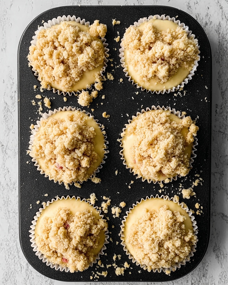 The image shows six unbaked muffins in white paper liners arranged in a black muffin tray on a white marbled surface. Each muffin has two clear layers: a smooth pale yellow muffin batter forming the base and a crumbly light beige streusel topping that covers the entire top of each muffin. The streusel layer has a rough, grainy texture with some small and large clumps spread unevenly, some crumbs scattered on the black muffin tray around the muffins. The muffins are placed in two rows of three, filling the tray evenly. photo taken with an iphone --ar 4:5 --v 7