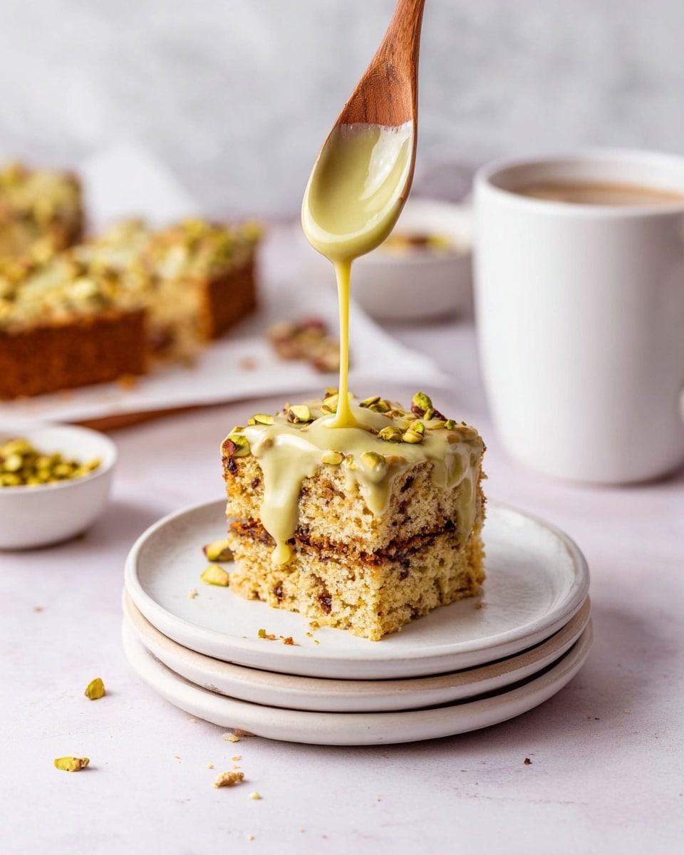 A square slice of lightly textured cake with small pieces of fruit or nuts inside sits on a stack of two white plates on a white marbled surface. The cake has two distinct layers separated by a darker middle layer. Over the top, a thick greenish-yellow sauce is being drizzled slowly from a wooden spoon held above. There are crumbs scattered lightly around the plates. In the background, there is a white bowl with chopped green nuts and more pieces of cake visible on white parchment paper. A white cup with a hot drink is seen on the right side. The photo taken with an iphone --ar 4:5 --v 7