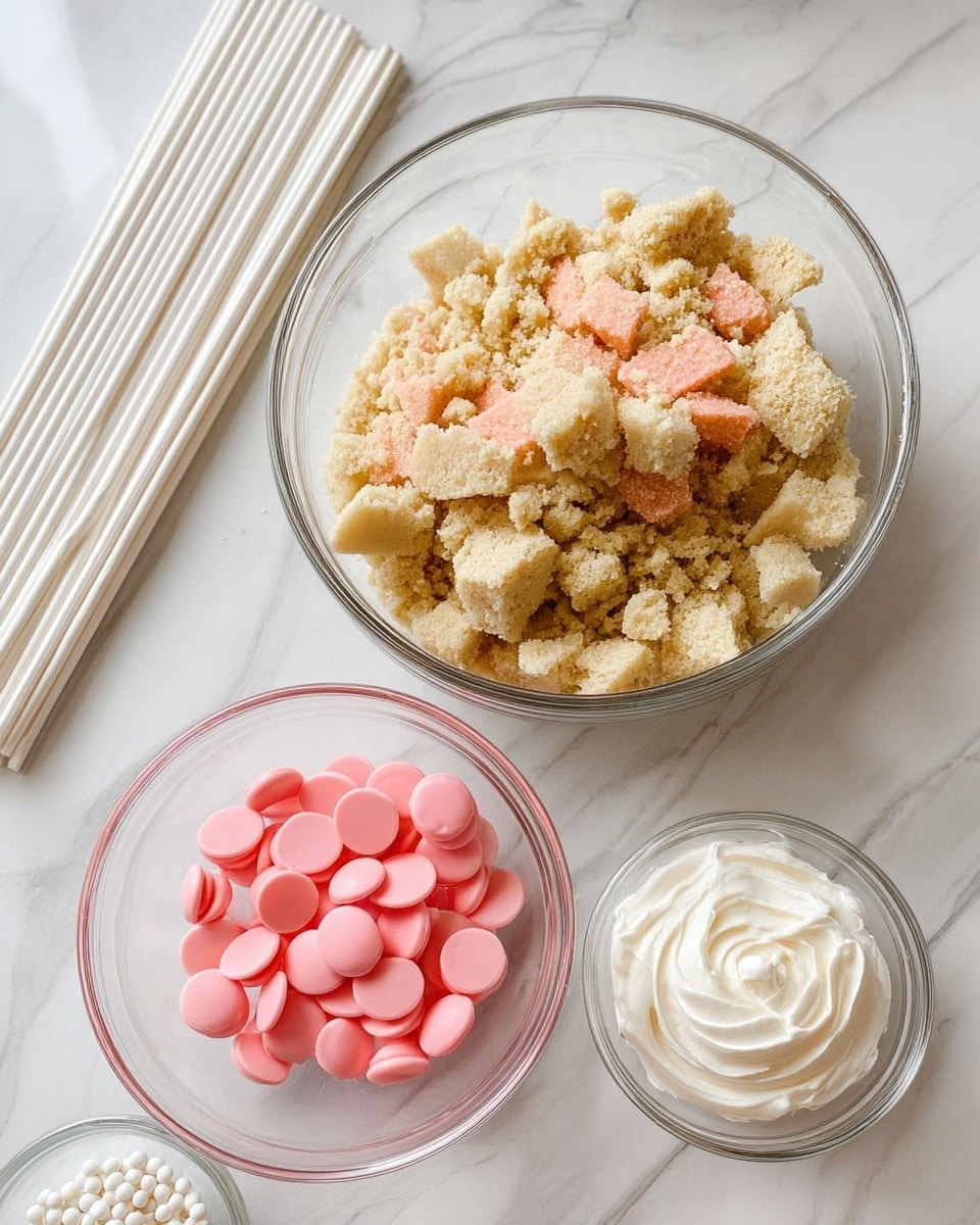 A clear glass bowl filled with large chunks and crumbs of light golden brown cake sits on a white marbled surface. Below it, a second clear glass bowl holds smooth, round, flat pink candy melts. To the right, two small clear glass bowls contain white frosting with a smooth, swirled peak and small white round sprinkles. On the left side of the frame, a bundle of straight white cake pop sticks is placed neatly on the marbled surface. The whole scene is bright and clean with soft natural lighting, photo taken with an iphone --ar 4:5 --v 7
