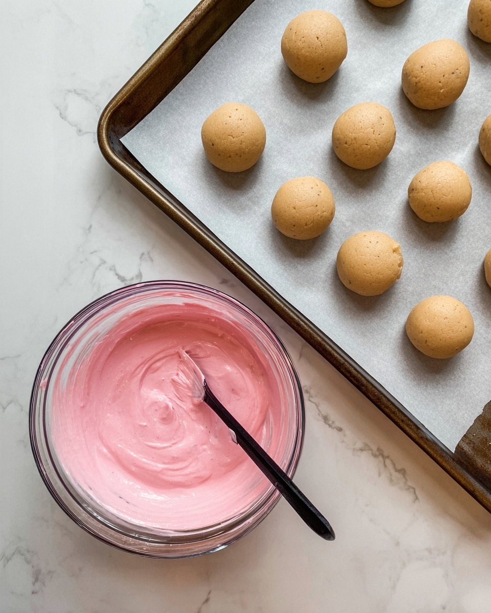 The image shows a baking tray lined with parchment paper and evenly spaced light brown cookie dough balls on top. Below the tray is a glass bowl filled with smooth, glossy pink frosting or icing with a black spoon resting inside, partially covered by the pink mixture. The scene is set on a white marbled surface. photo taken with an iphone --ar 4:5 --v 7