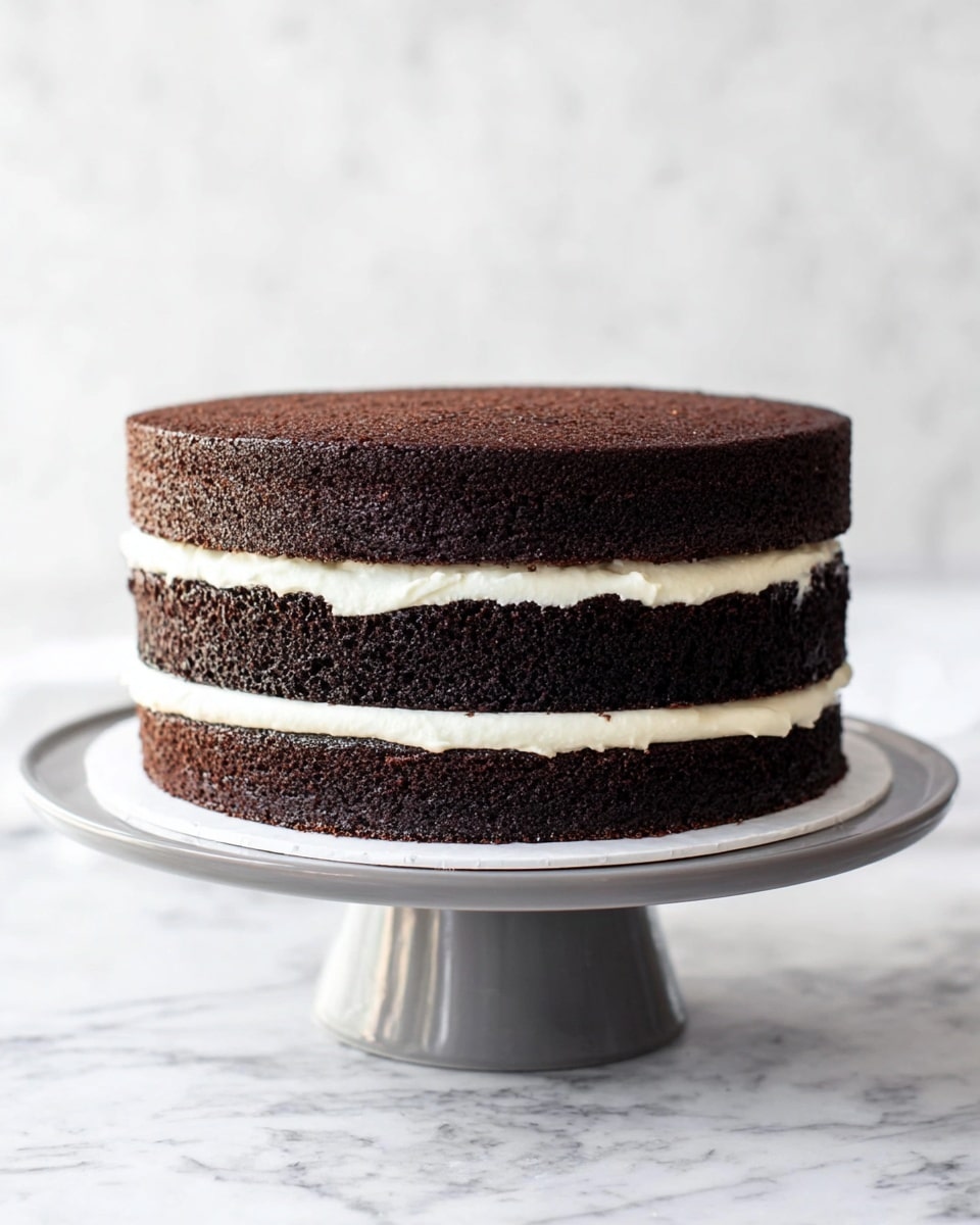 The image shows a two-layer chocolate cake with a dark brown, almost black color and a slightly rough texture. Between the two layers, there are two thick layers of white cream frosting that are evenly spread but have a natural, slightly uneven edge. The cake is placed on a round white cake board, which sits on a gray cake stand with a smooth finish. The background is a white marbled surface, giving a clean and simple look. photo taken with an iphone --ar 4:5 --v 7