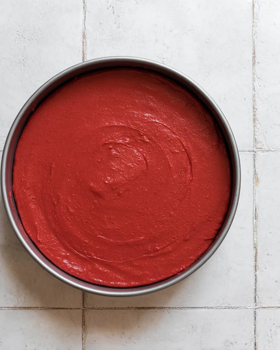 A round metal pan filled with one smooth layer of thick, red batter that is evenly spread with slight swirls on the surface. The pan sits on a white marbled tile surface with visible grout lines between the tiles. The batter's texture looks creamy and dense without any visible toppings or other colors. photo taken with an iphone --ar 4:5 --v 7