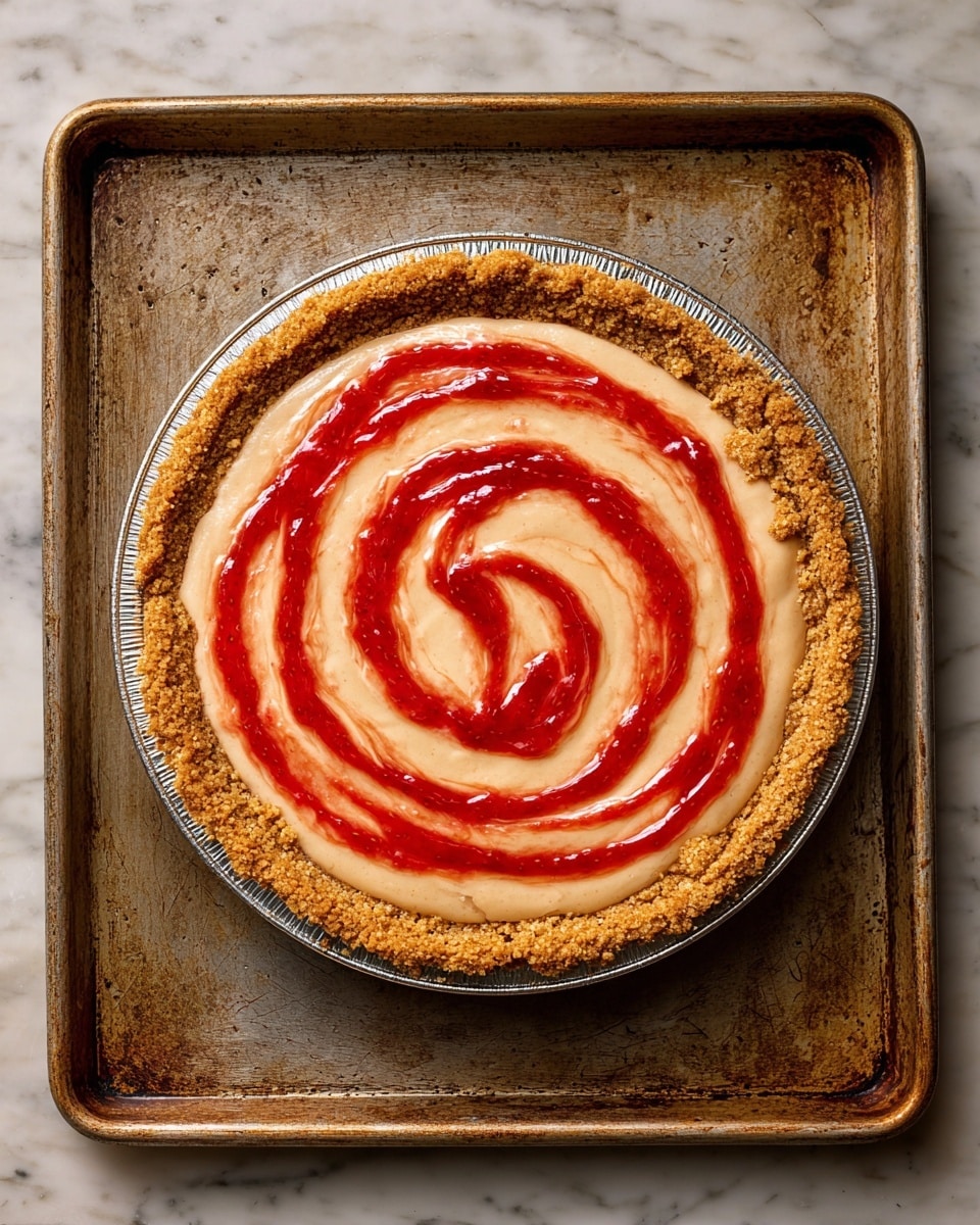 A round pie with three visible layers is shown from above. The bottom layer is a crumbly golden brown crust that rims the entire pie, thick and textured. The middle layer is a smooth, thick light beige filling spread evenly just inside the crust. On top, a bright red glossy strawberry sauce is swirled in a spiral pattern from the center outwards, creating contrast with the beige filling. The pie sits on a round pan, which is placed on a large metal baking tray with a worn, scratched surface. The background is a white marbled texture. photo taken with an iphone --ar 4:5 --v 7