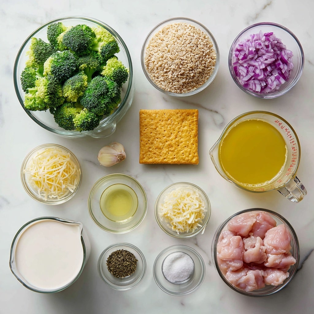 The image shows many ingredients placed neatly on a white marbled surface. There is a large glass bowl filled with bright green broccoli florets in the top left corner. To its right, a medium glass bowl contains brown rice grains. Next to that, a smaller glass bowl holds chopped purple onions. To the far right is a glass measuring cup filled with yellow broth. Below these, there is a smaller glass measuring cup with a light yellow liquid, a small bowl with minced yellow ginger, a square golden cracker, a small glass measuring cup with yellow oil, a small bowl with garlic pieces, and a larger glass bowl with raw pink chicken pieces. Below these items, from left to right, are a glass measuring cup with white milk, a small bowl of shredded cheese, a small bowl of white salt, a small bowl with black pepper, and a small bowl with dark green herbs. All bowls and cups are clear glass, set against the clean white marbled surface. photo taken with an iphone --ar 4:5 --v 7