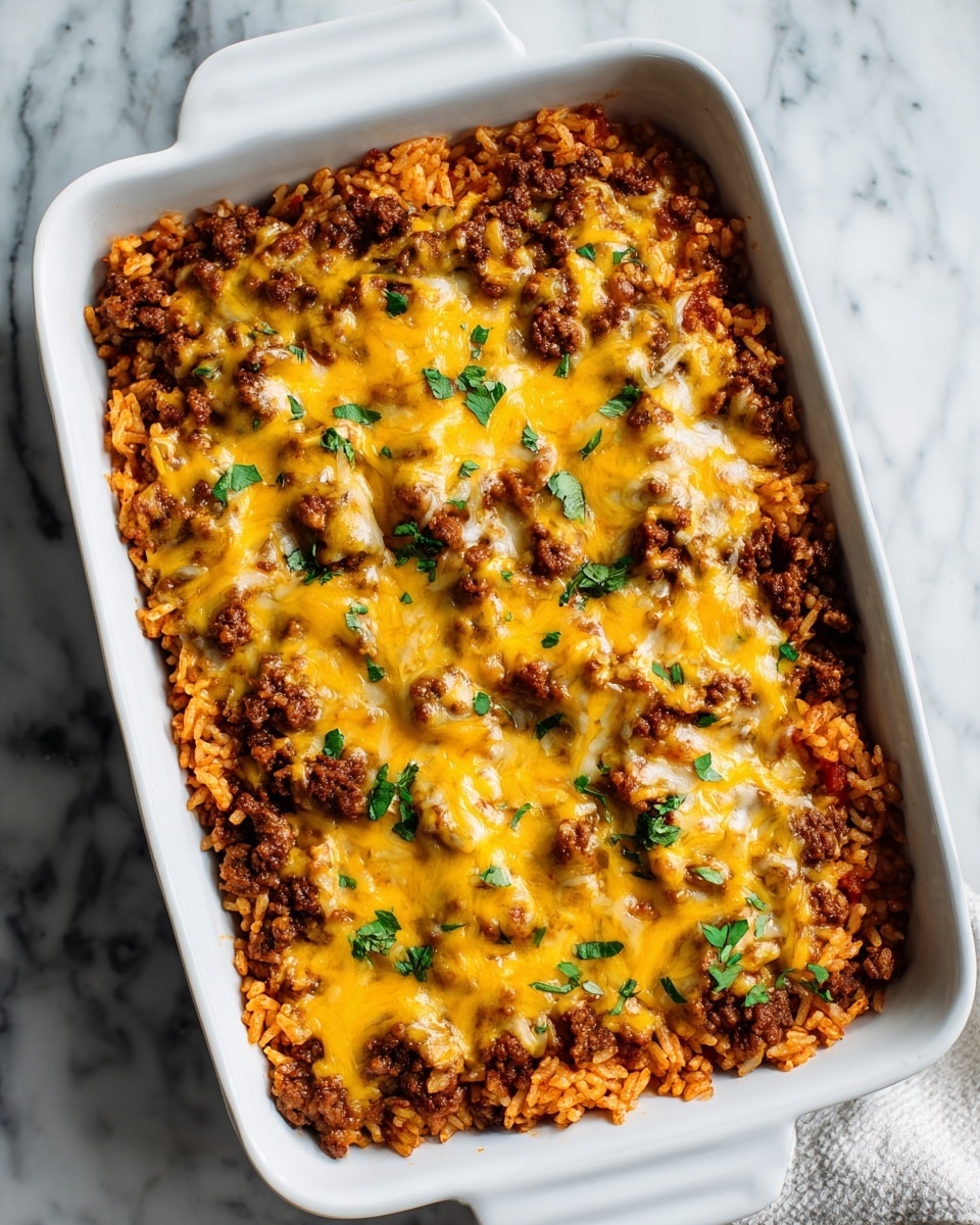 The image shows a white rectangular baking dish filled with a layered casserole. The bottom layer is made of cooked rice mixed with tomato sauce, giving it a soft, orange color. Above the rice is a thick layer of browned ground meat distributed evenly across the dish. The top layer is melted yellow cheese, bubbly and slightly browned, covering the meat and rice fully. Small green herb leaves are sprinkled over the cheese, adding a fresh touch. The dish sits on a white marbled surface, and part of a woman's hand is visible on the side. photo taken with an iphone --ar 4:5 --v 7