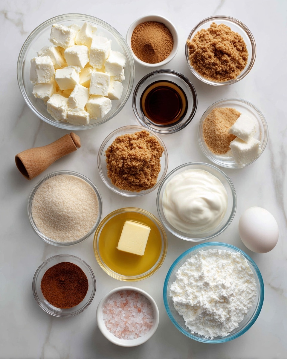 A top view of various clear bowls and a small round container arranged neatly on a white marbled surface, each filled with different ingredients: one bowl holds soft white cream cheese chunks, another contains light brown graham cracker crumbs, a small bowl has dark vanilla liquid, a medium bowl shows light brown brown sugar, a clear bowl holds white granulated sugar, a glass bowl has melted yellow butter, another small bowl contains a light brown cinnamon powder, a bowl is filled with white powdered sugar, a tiny bowl has pink salt, a glass bowl contains thick white heavy cream, and a small wooden container holds one white egg. Each ingredient is clearly separated and labeled with black text on white blocks. photo taken with an iphone --ar 4:5 --v 7