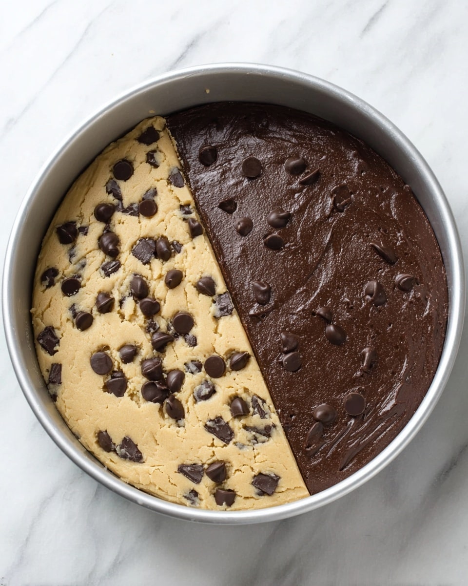 A round silver baking pan holds two half-circle layers of dough side by side. The left half is light beige cookie dough with many dark brown chocolate chips embedded, some shiny and some matte, giving it a textured look. The right half is smooth, dark brown chocolate batter with a slightly glossy surface that contrasts with the rough texture of the cookie dough. The pan is set on a white marbled surface, enhancing the colors of the dough inside. photo taken with an iphone --ar 4:5 --v 7