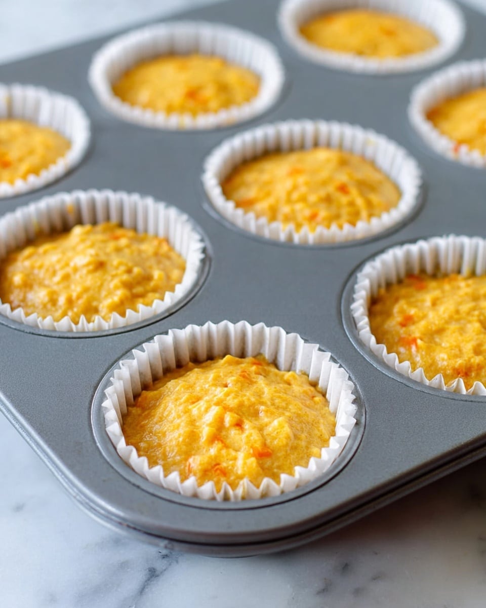 The image shows a gray muffin tray holding several white paper liners filled with an orange-yellow batter that has a slightly lumpy texture with small bits of ingredients visible in it. The batter reaches near the top of each liner with a soft, uneven surface. The tray is set on a white marbled surface. The focus is on the closest muffin cup which shows more detail in color and texture, while the others in the background appear softly blurred. Photo taken with an iphone --ar 4:5 --v 7