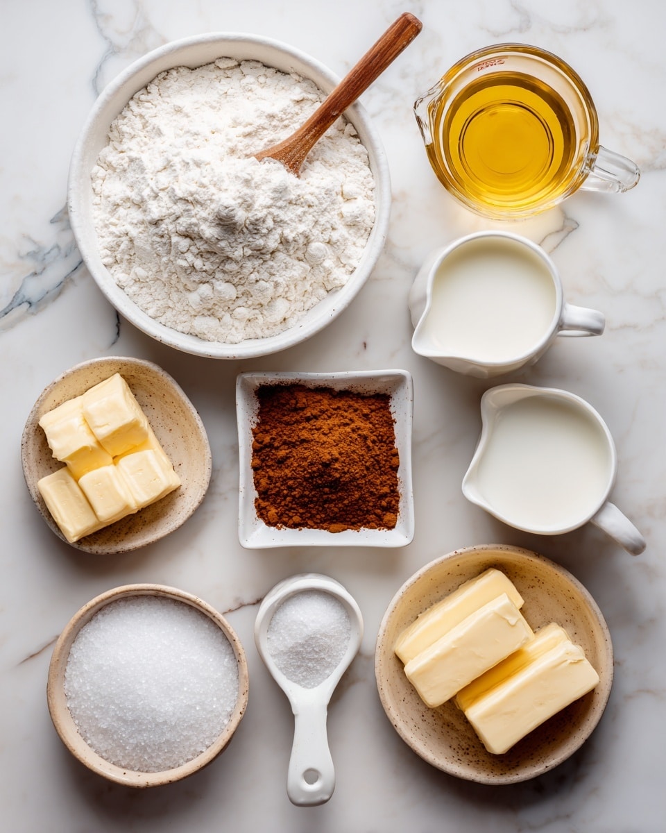 The image shows several cooking ingredients arranged neatly on a white marbled surface. In the center, there is a white bowl filled with white all-purpose flour with a small wooden spoon resting inside. Above it, a clear glass measuring cup holds yellow oil. To the right of the oil, a white measuring cup contains white whole milk. Next to the milk, a small square white dish is filled with brown cinnamon powder. Below the cinnamon, a woman's hand is holding a small white measuring cup filled with white granulated sugar. Below the flour bowl, a small beige bowl contains white salt, and next to it, a small white bowl is full of white baking powder. To the left of the salt, a clear glass bowl holds two yellow blocks of butter. Below the flour to the left, a small white cup contains a white egg. The ingredients are arranged in a clear and orderly manner making the image clean and simple. Photo taken with an iphone --ar 4:5 --v 7