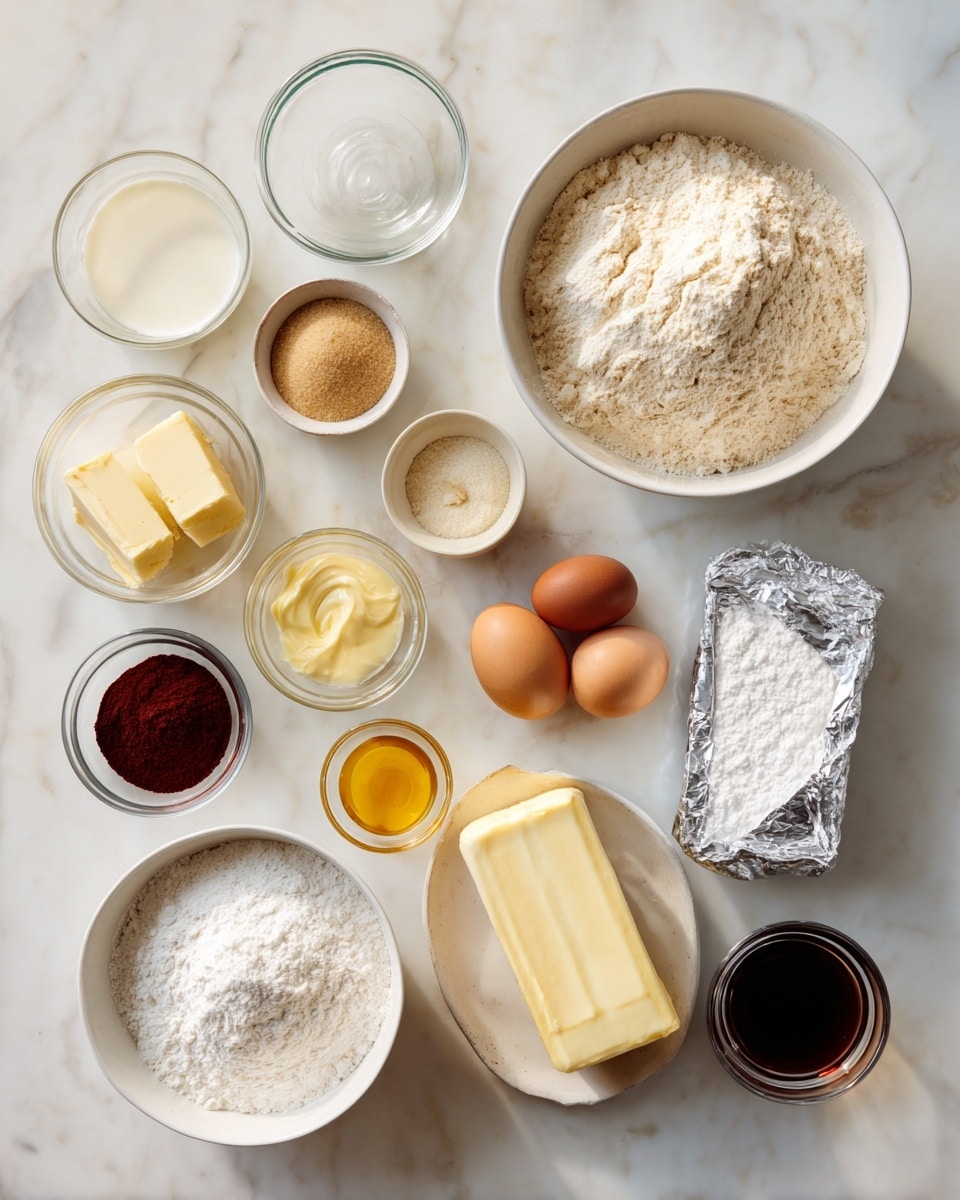 The image shows two white bowls on a white marbled surface, both filled with baking ingredients. On the left side, a large white bowl holds light beige flour, surrounded by small clear glass bowls and containers holding pale buttermilk, dark vanilla extract, fine salt, yellow butter stick, white baking soda, a brown sugar heap, an egg, reddish food coloring, and dark brown cocoa powder. On the right side, a large white bowl with white powdered sugar is next to a silver foil-wrapped block of cream cheese, a yellow butter stick, and a small glass bowl of dark vanilla extract. Each ingredient is neatly arranged, creating a soft, inviting cooking scene. photo taken with an iphone --ar 4:5 --v 7