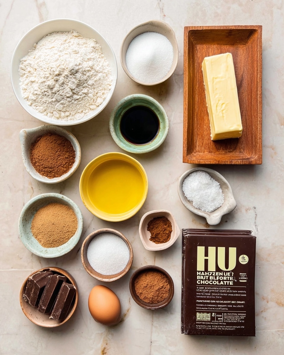The image shows various baking ingredients arranged neatly on a white marbled surface, including a white bowl with white flour, a smaller white bowl with powdered sugar, a wooden tray with a stick of butter, a small white bowl with dark vanilla extract, a yellow bowl with brown sugar, a small white dish with baking soda, a small brown bowl with cocoa powder, a small brown bowl with salt, a single egg in a small brown bowl, and two chocolate bars lying flat with one packaging showing